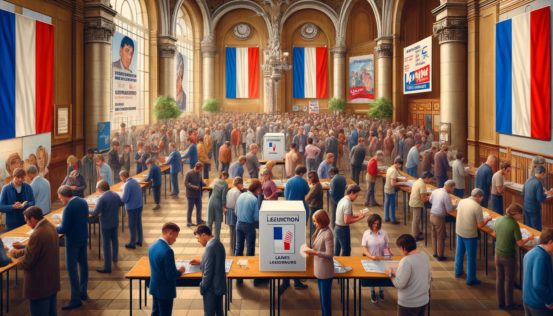 image représentant un bureau de vote animé dans une mairie française, en pleine période des législatives anticipées. L'ambiance est dynamique, avec des électeurs diversifiés, des affiches de campagne et des agents électoraux présents pour assister les votants. Les drapeaux français et la date du 30 juin 2024 sont bien visibles en arrière-plan