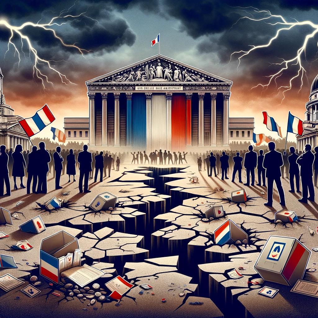 'illustration représentant un séisme politique en France. Elle montre l'Assemblée nationale française fissurée et brisée, symbolisant l'instabilité et la division politique actuelle. Les symboles politiques tels que le drapeau français et les urnes sont dispersés, et l'atmosphère chaotique est accentuée par des nuages sombres et des éclairs.