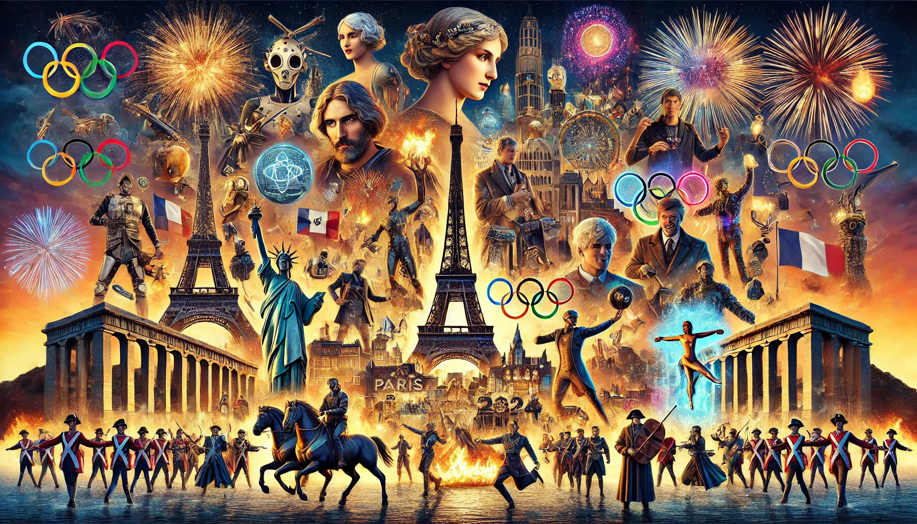 image illustrant l'article sur la cérémonie d'ouverture des Jeux Olympiques de Paris 2024. Cette représentation artistique capture la richesse des tableaux et des références historiques, tout en célébrant la diversité et l'innovation.