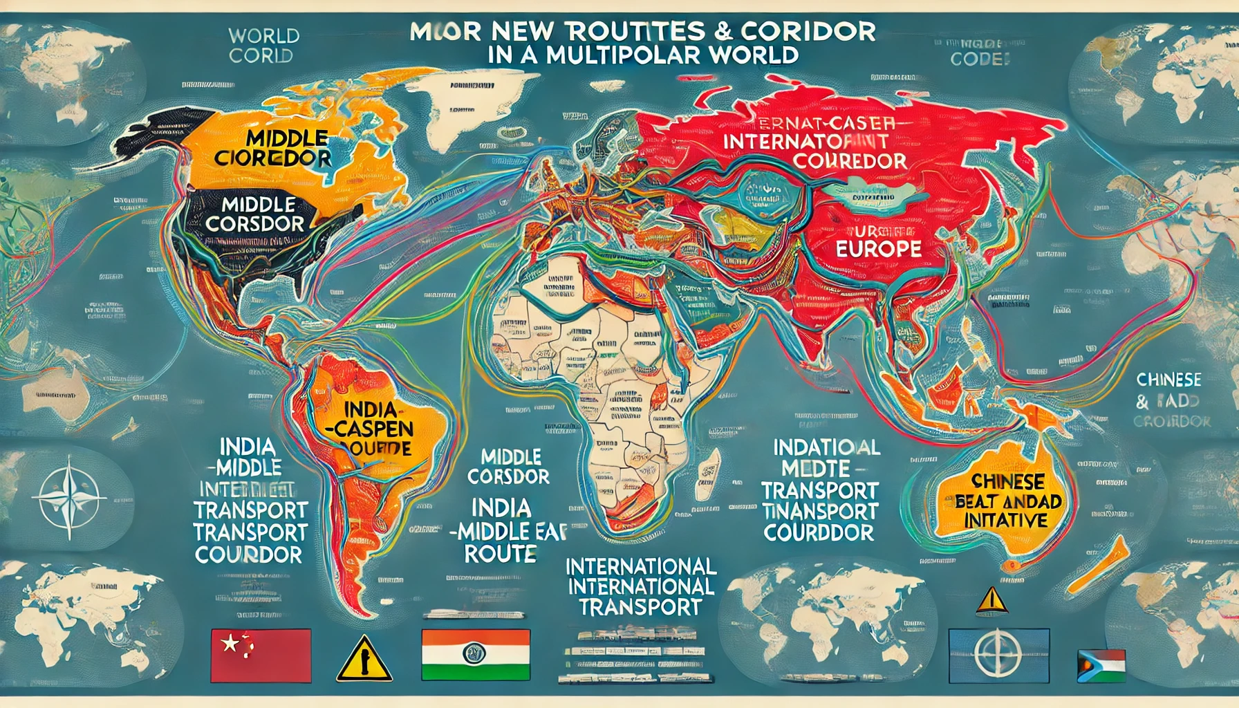 illustration qui met en évidence les nouvelles routes commerciales mondiales et les corridors clés dans un monde multipolaire