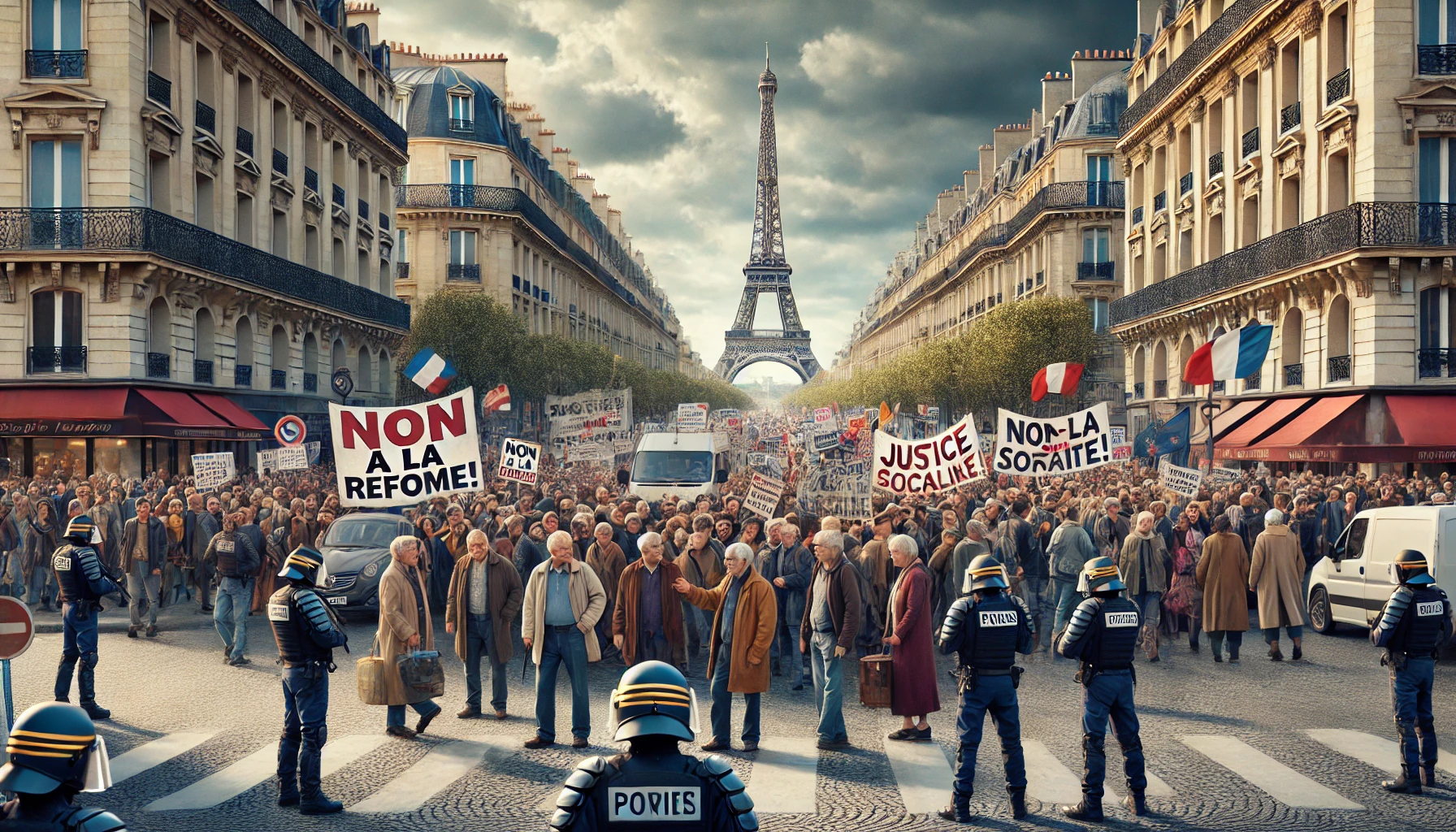 image dramatique capture l'essence des manifestations, avec des foules de protestataires dans les rues de Paris, les emblèmes iconiques en arrière-plan, et une atmosphère chargée de tension