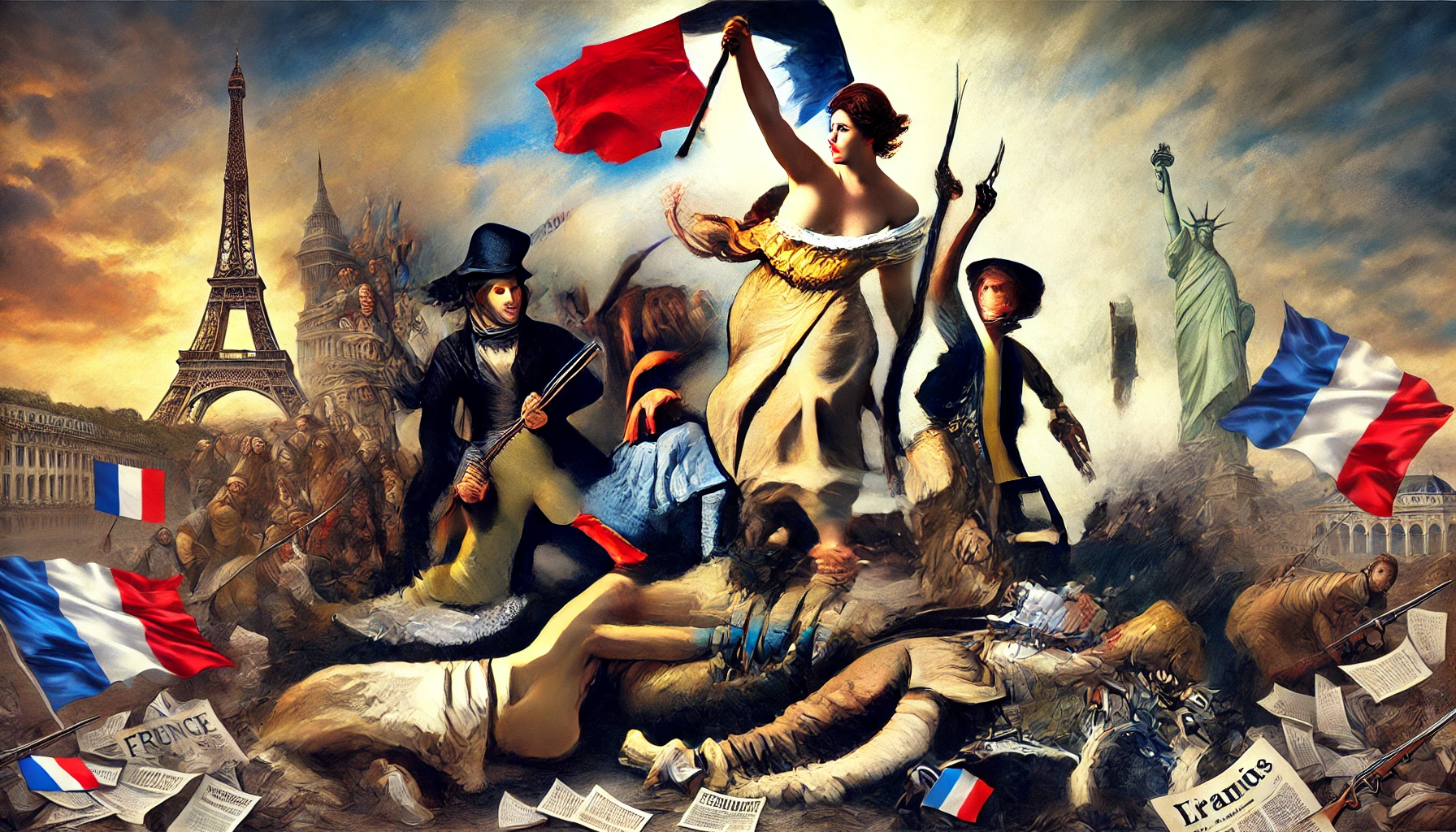 illustration moderne inspirée de "La Liberté guidant le peuple" d'Eugène Delacroix