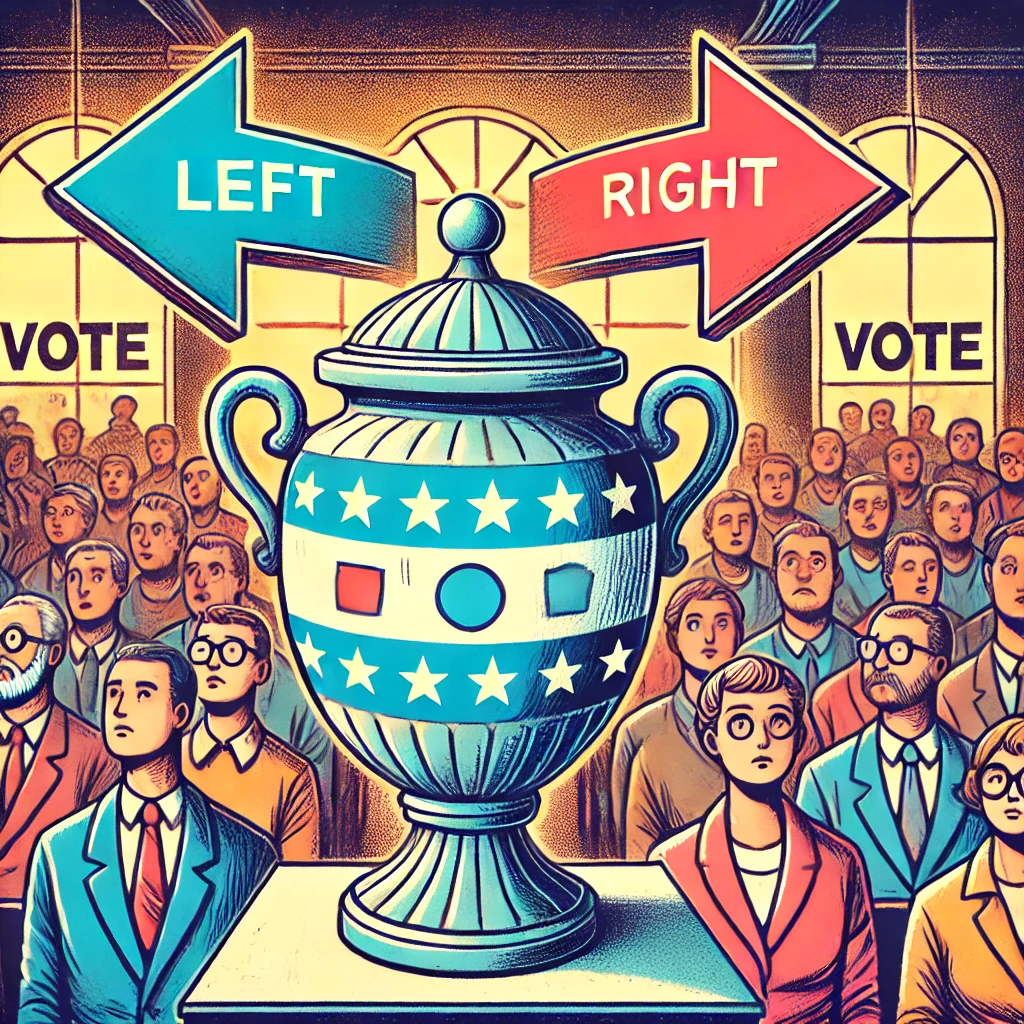illustration montrant une urne avec des flèches pointant de la gauche et de la droite, symbolisant les stratégies politiques.