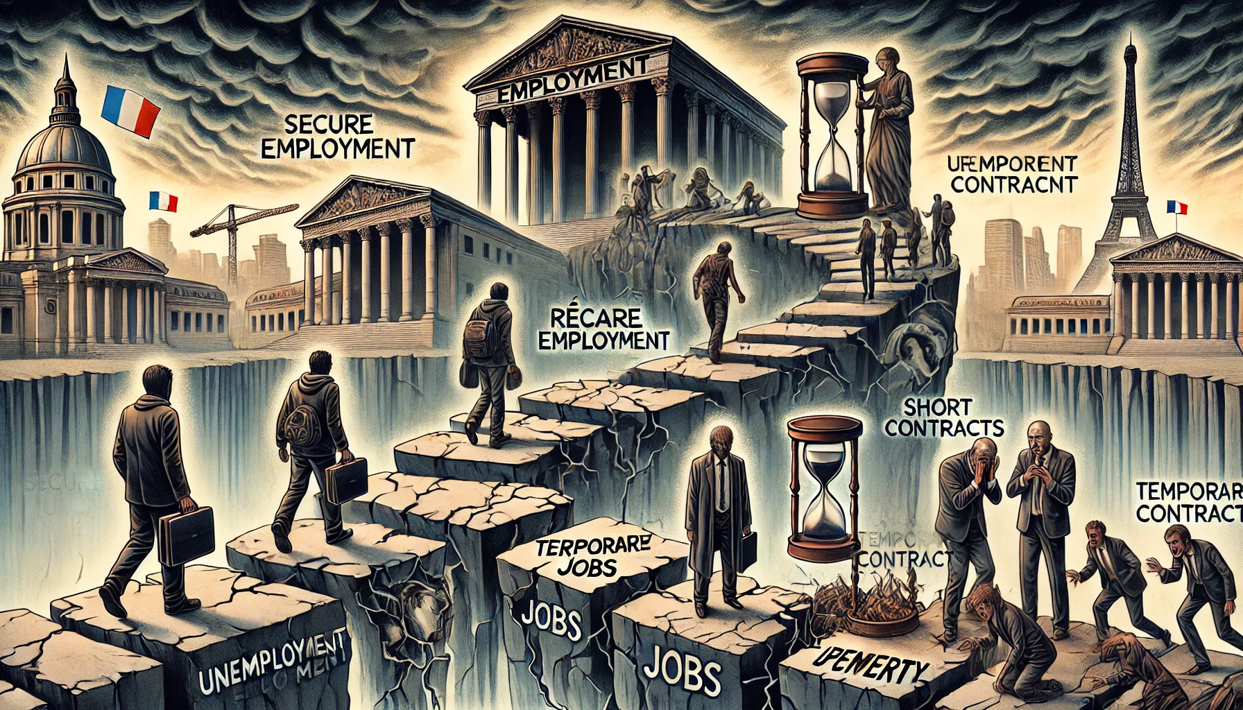 illustration montrant l'impact sévère des réformes du chômage en France. Elle dépeint un chemin fragmenté allant de l'emploi sécurisé à des emplois précaires et au chômage, symbolisé par des pierres instables.