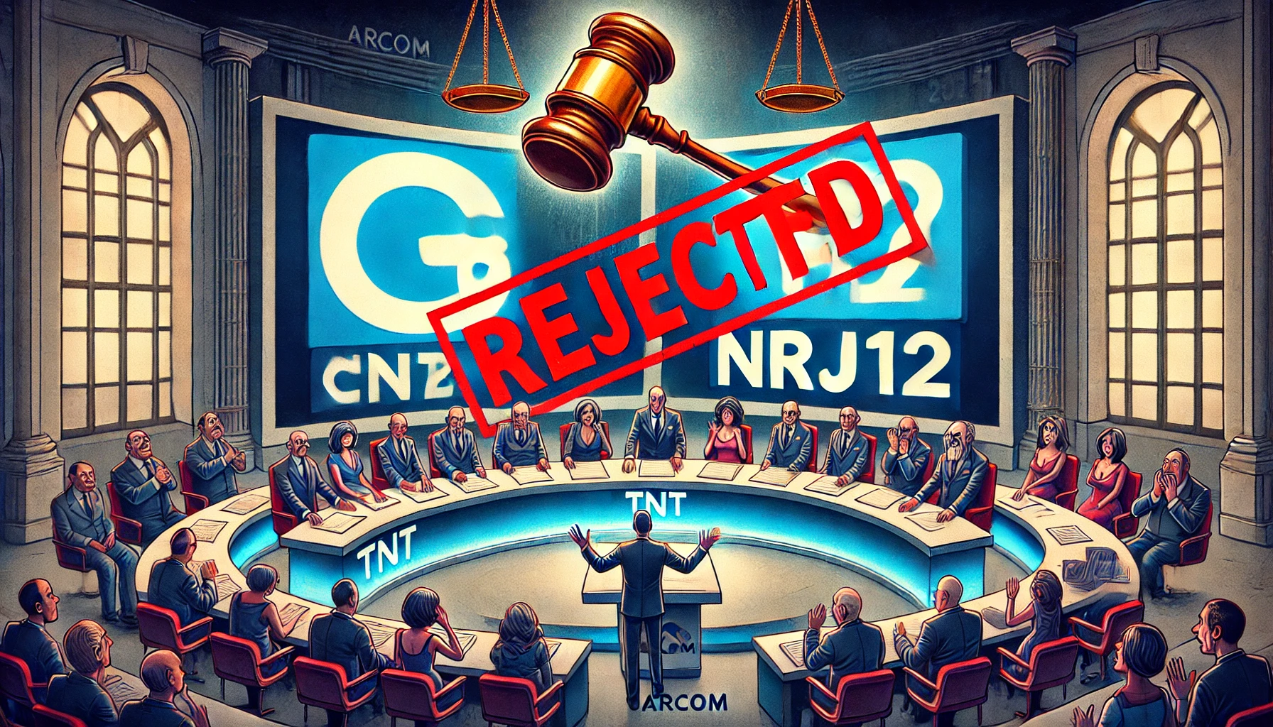 L'image montre un moment dramatique dans l'industrie de la télévision française, avec les candidatures de C8 et NRJ12 rejetées pour les fréquences TNT en 2025, créant un choc et une déception visibles dans un studio de télévision.