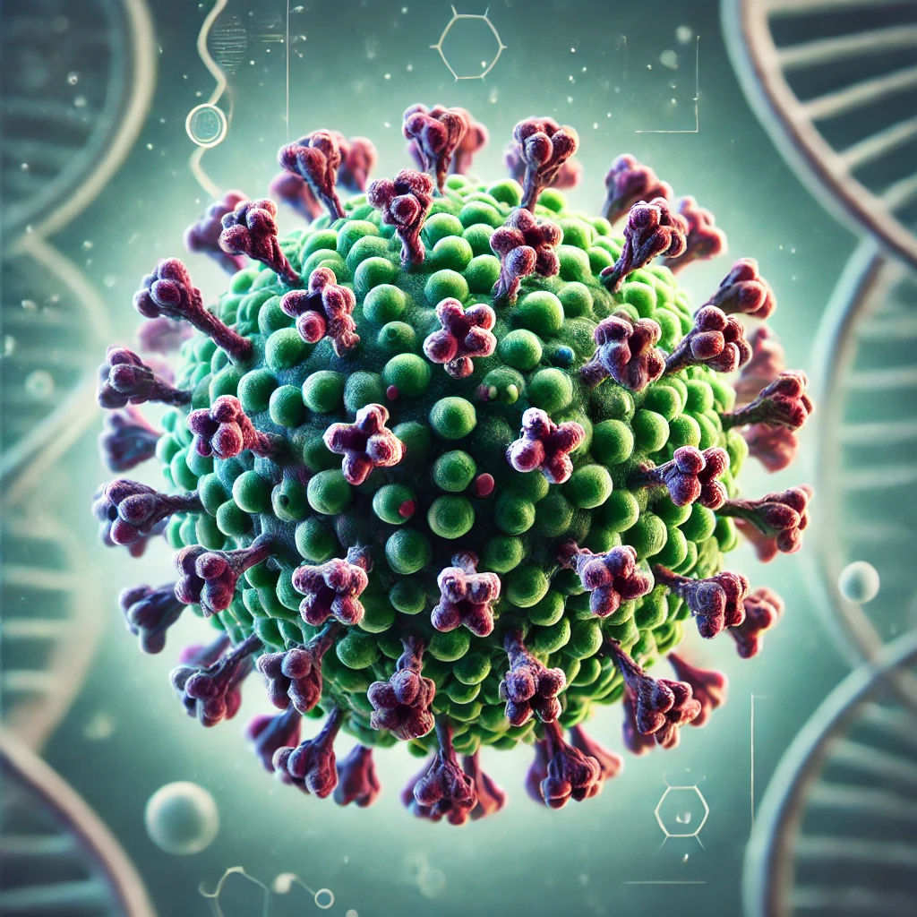 illustration d'un virus, l'image montre la structure sphérique caractéristique avec des protéines spike. 