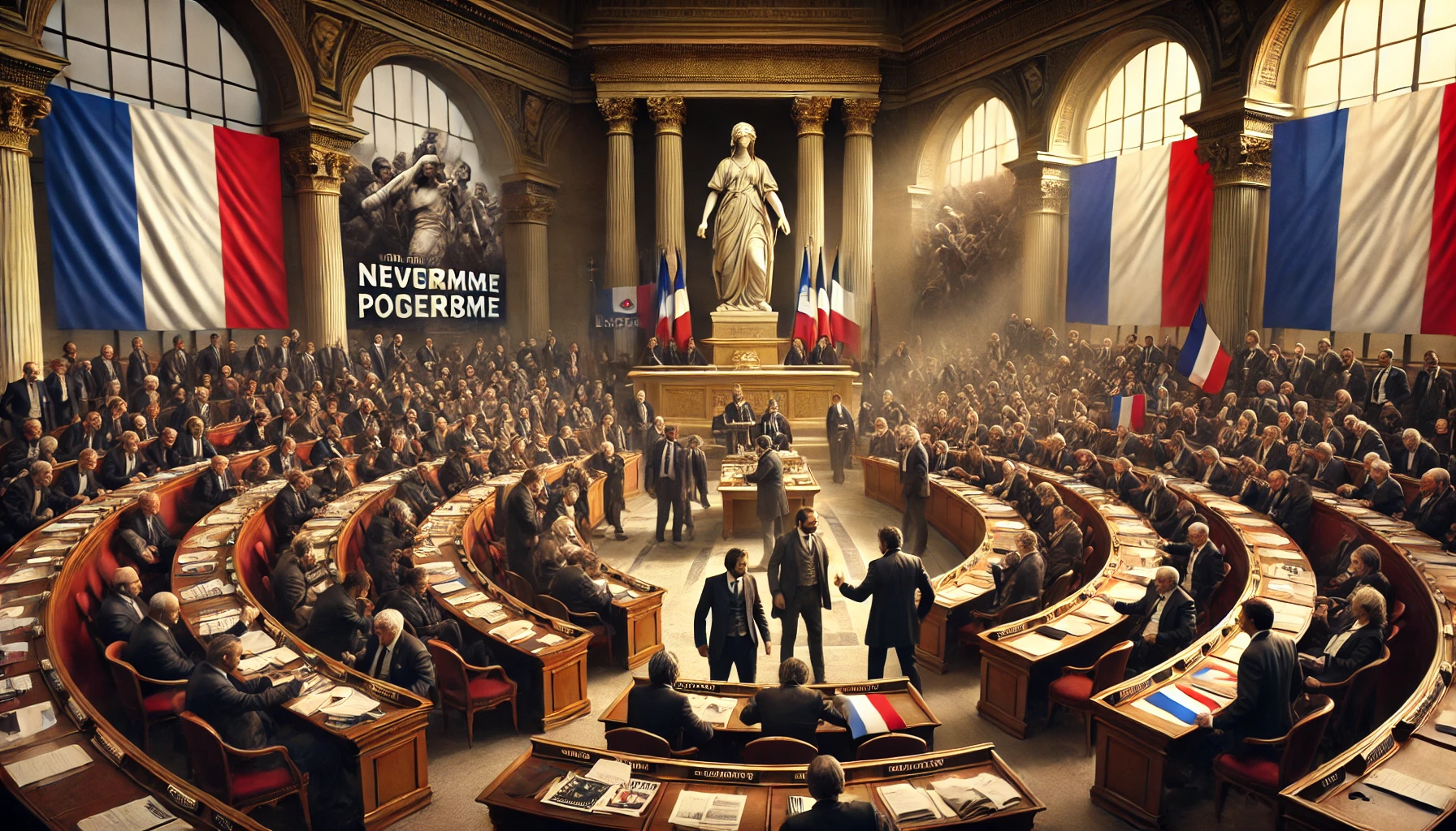  L'image montre l'intérieur de l'Assemblée avec les trois groupes distincts de représentants engagés dans des discussions animées, ainsi que les symboles iconiques de la France en arrière-plan.