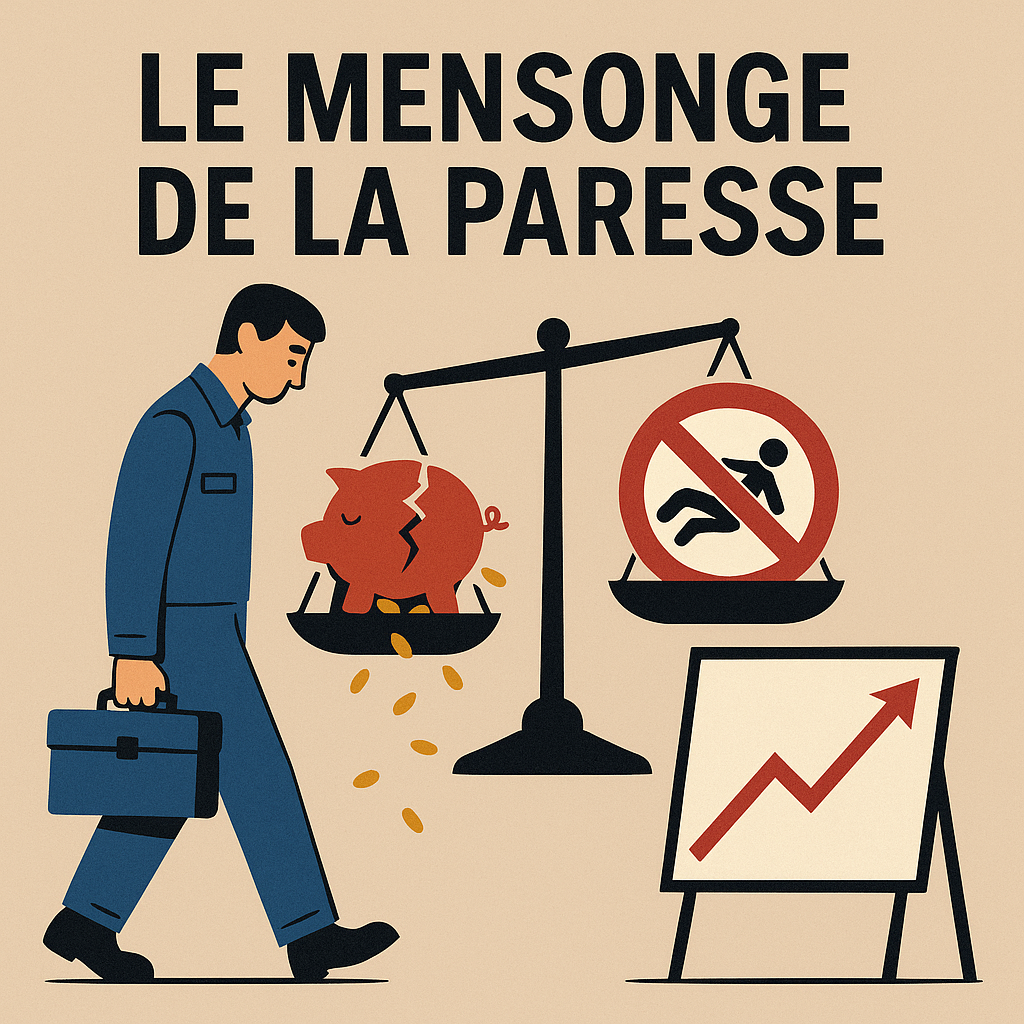 illustration sobre et symbolique .Elle met en scène visuellement le décalage entre l’idée reçue de paresse et la réalité économique, tout en conservant une esthétique épurée idéale pour la publication web.