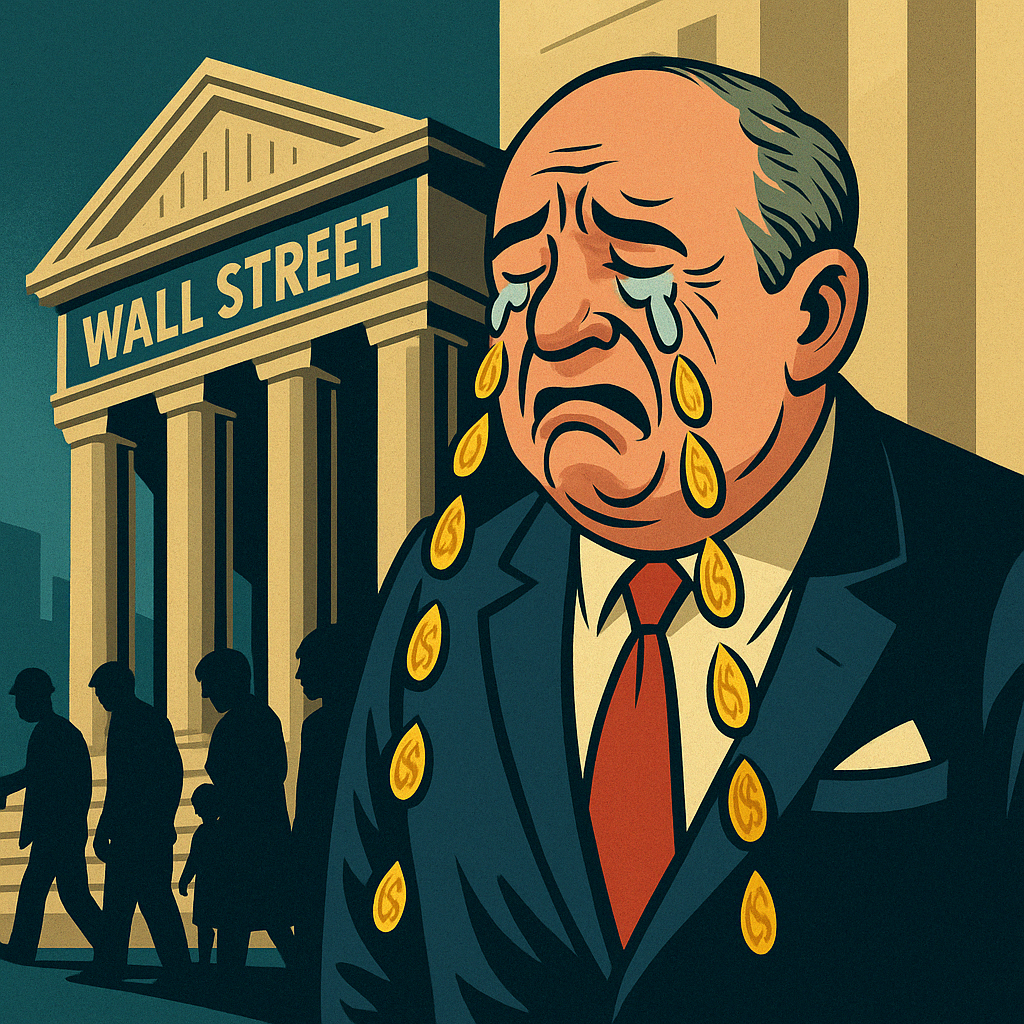 Voici une illustration satirique qui frappe par son contraste : un milliardaire en costume trois‑pièces devant le temple de Wall Street, versant des larmes en pièces d’or, tandis que des silhouettes de travailleurs s’éloignent dans l’ombre