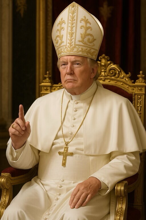 image générée par intelligence artificielle, qui montre Donald Trump vêtu des habits pontificaux — une soutane blanche, une mitre dorée et une croix pectorale — assis sur un trône orné, l'index levé comme pour bénir. Elle a été publiée sur son compte Truth Social le 2 mai 2025