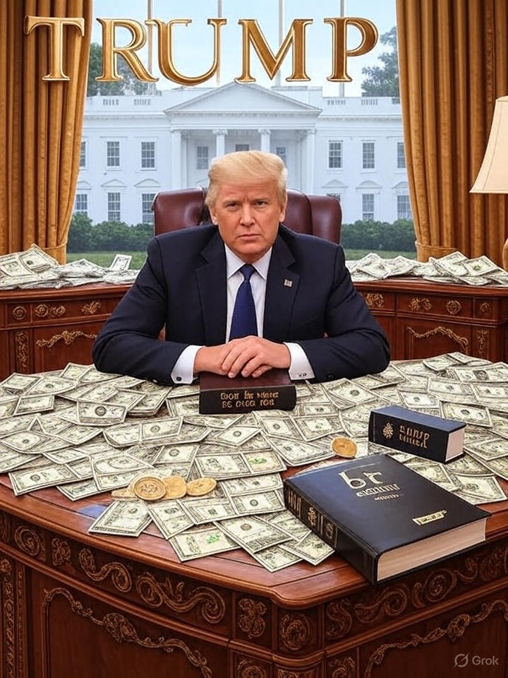 Un photomontage montrant Donald Trump assis derrière un grand bureau présidentiel recouvert de billets de banque, de pièces de bitcoin, d’une Bible siglée « God Bless the USA » et d’un smartphone doré avec le logo Trump Mobile. En arrière-plan, la Maison Blanche, surmontée d’un immense logo Trump en lettres dorées. Le style est réaliste mais légèrement satirique, avec une lumière dorée qui souligne la dimension ostentatoire.