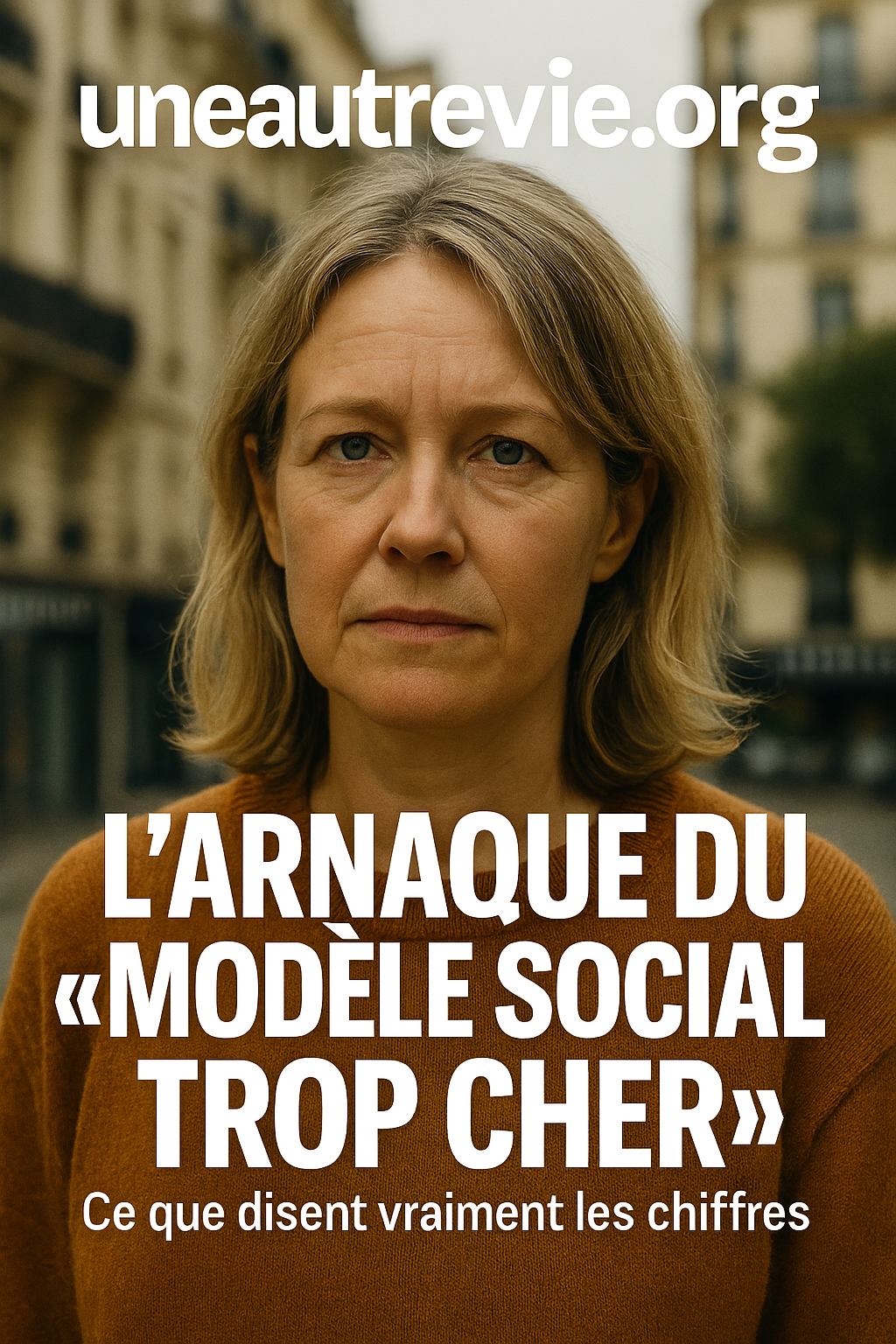 photo couverture de magazine uneautrevie.org, avec une jeune femme et le texte : l'arnaque du modèle social trop cher, ce que disent vraiment les chiffres