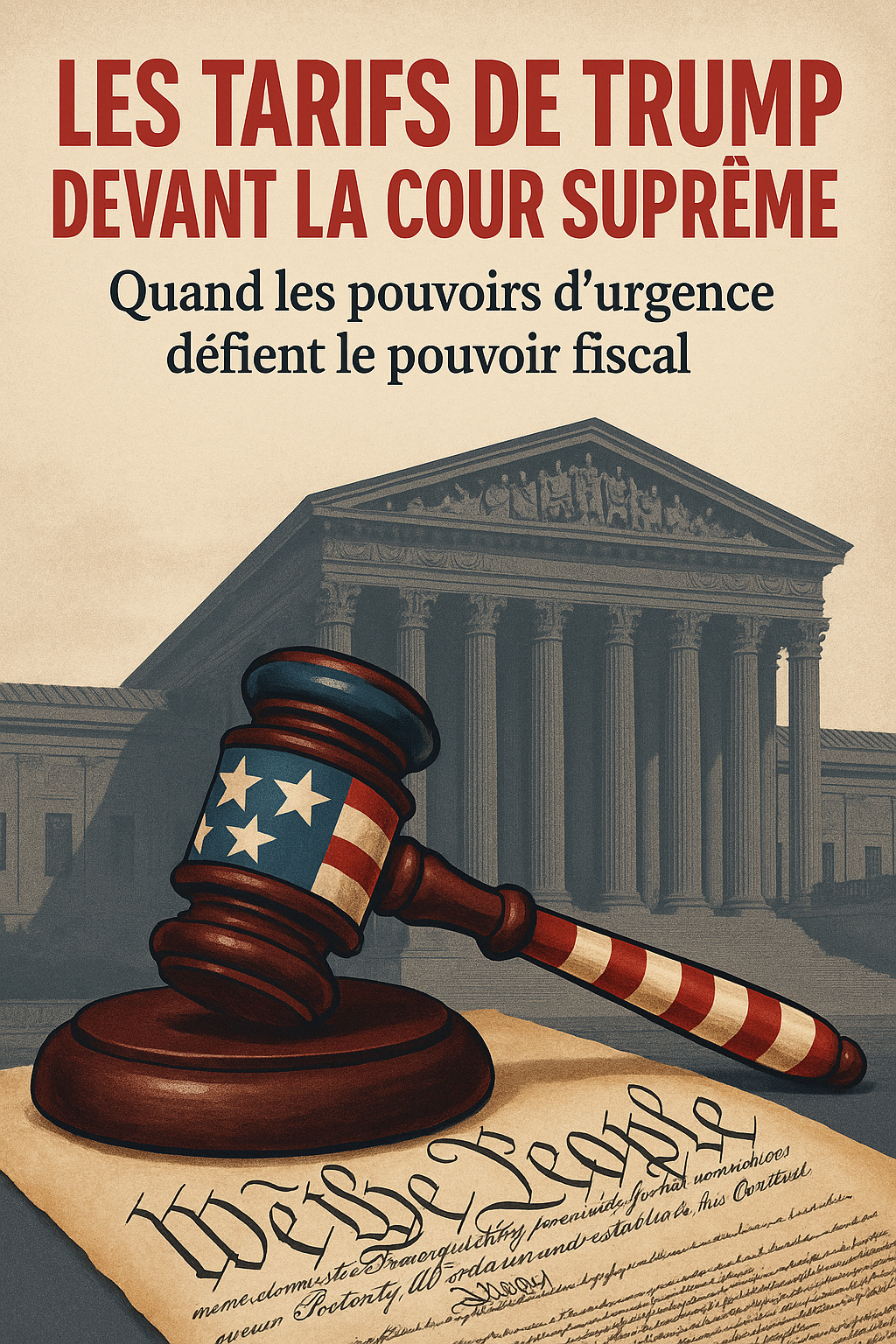 t un marteau de juge décoré du drapeau américain, posé sur un parchemin “We the People”, avec en arrière-plan la façade néoclassique de la Cour suprême des États-Unis. Le titre, en typographie de une de journal :  « Les tarifs de Trump devant la Cour suprême – Quand les pouvoirs d’urgence défient le pouvoir fiscal