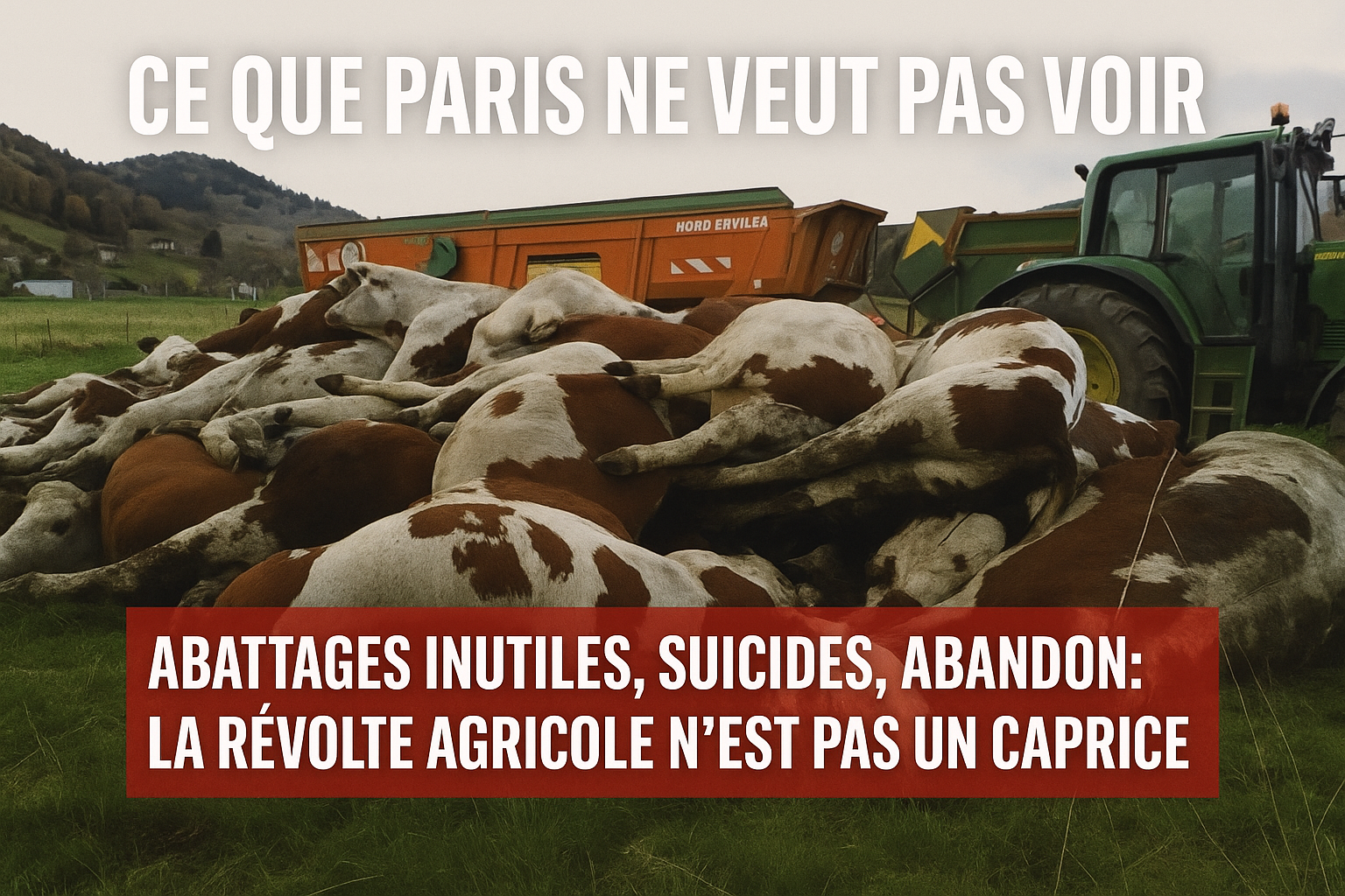 Tas de bovins abattus gisant dans un champ, entassés les uns sur les autres, avec un tracteur et une remorque agricole en arrière-plan. L’image montre la violence et l’ampleur d’un abattage sanitaire massif, révélateur de la crise profonde du monde paysan.