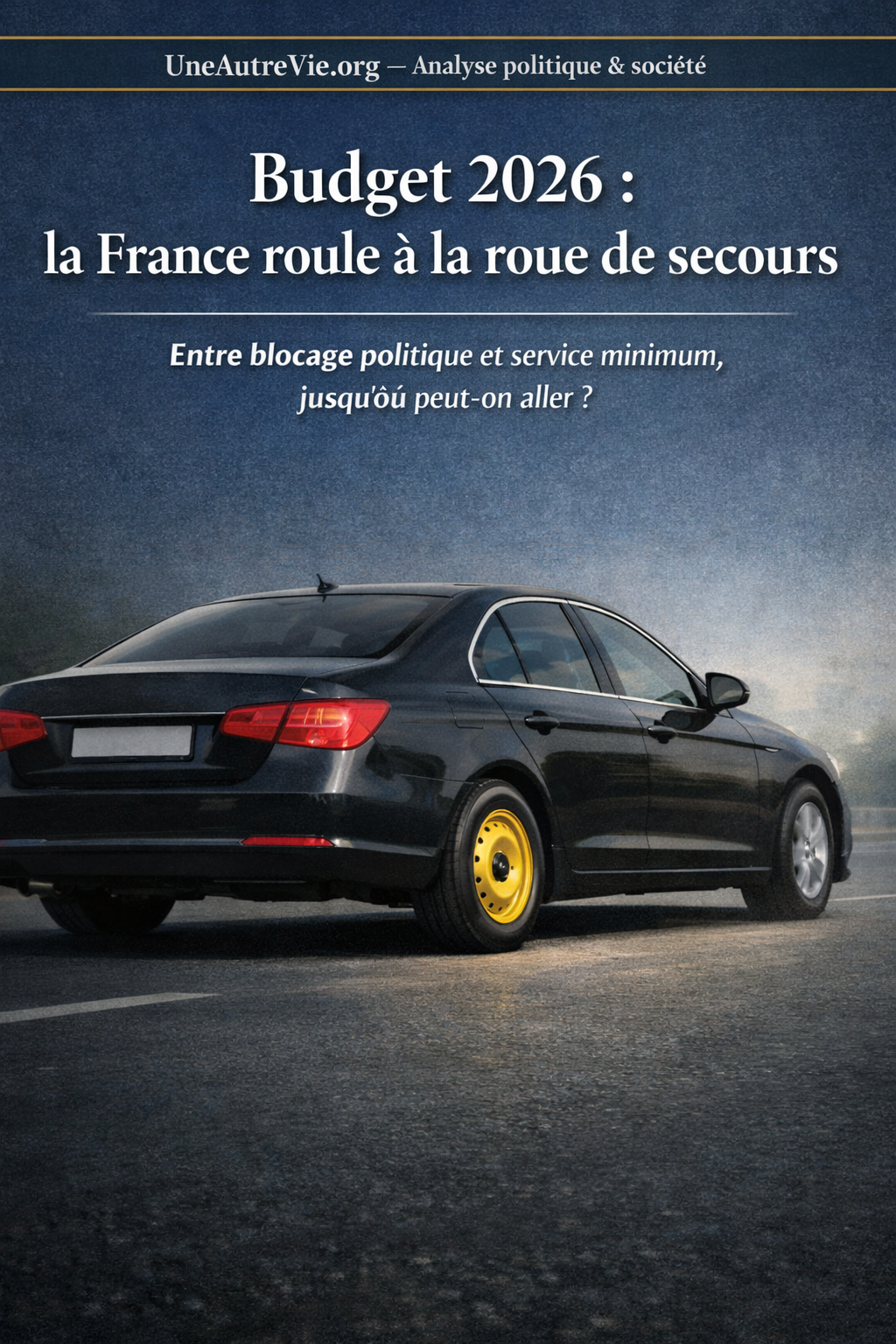 Couverture de magazine sur fond bleu nuit. En haut, le bandeau “UneAutreVie.org — Analyse politique & société”. Le titre “Budget 2026 : la France roule à la roue de secours” apparaît en blanc, avec un sous-titre. En bas, une berline noire roule avec une roue de secours jaune, symbolisant l’État en mode provisoire.