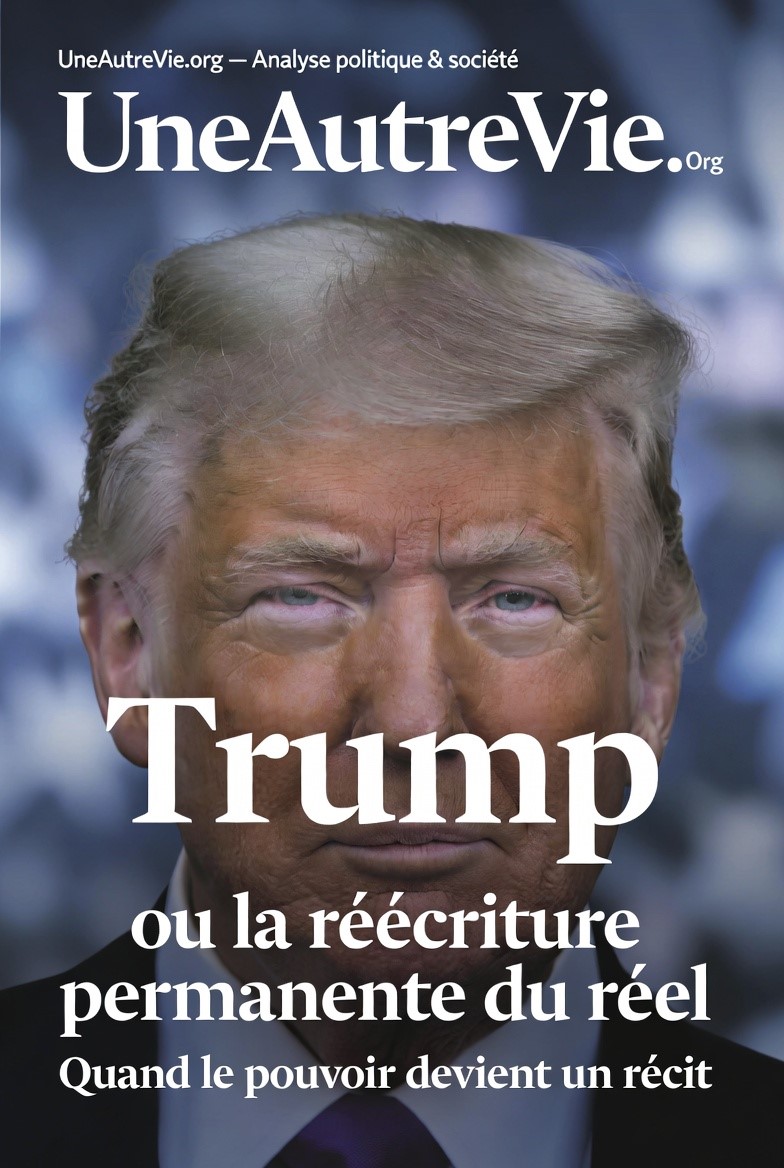 Couverture de magazine UneAutreVie.org montrant le visage de Donald Trump en gros plan, regard frontal, sur fond bleu flou. Le titre “Trump ou la réécriture permanente du réel” et le sous-titre “Quand le pouvoir devient un récit” sont affichés en blanc.