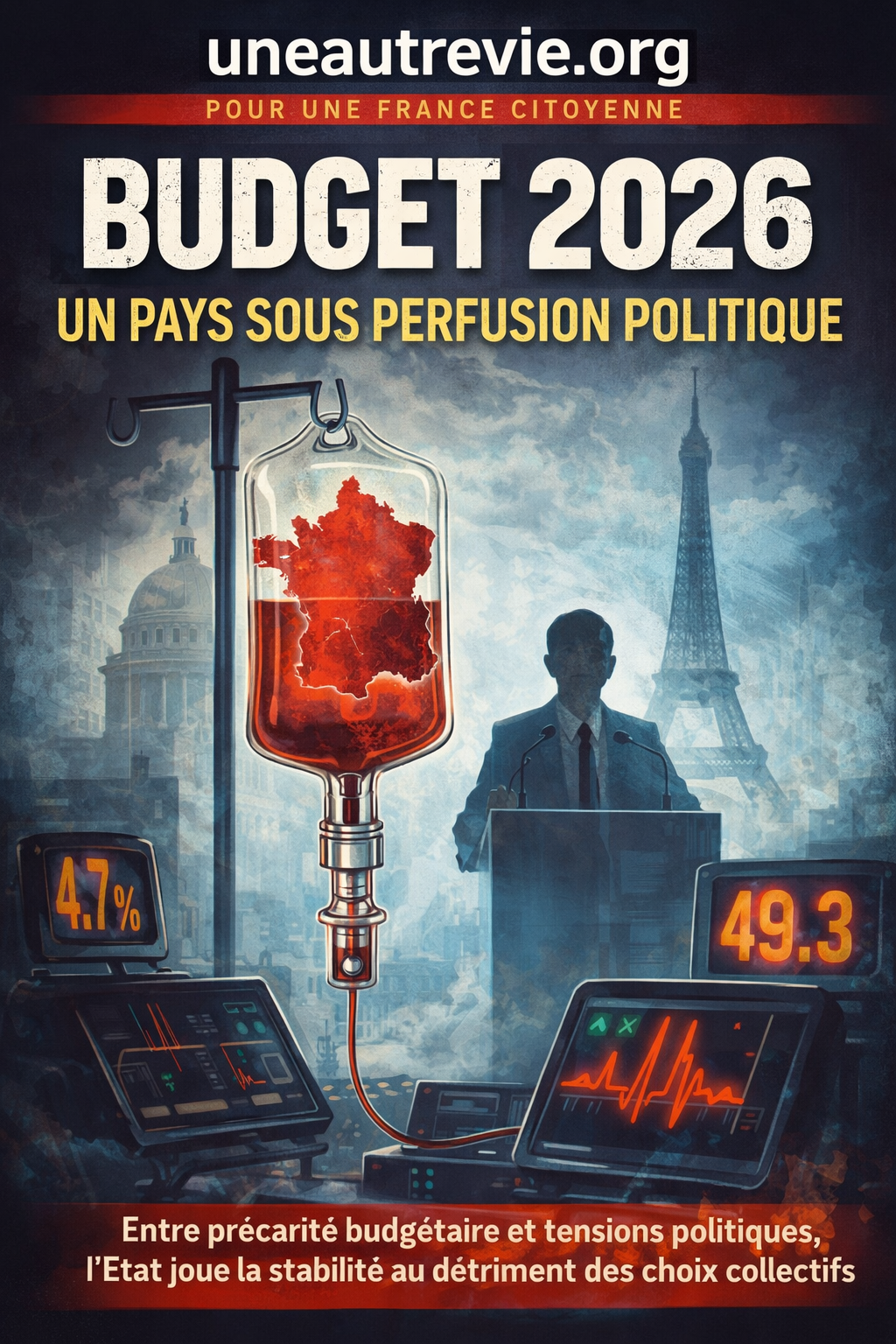 Visuel de couverture illustrant le budget 2026 comme une perfusion : la France, réduite à une poche de sang budgétaire, est maintenue artificiellement en équilibre pendant qu’un responsable politique s’exprime à distance. Une métaphore de la gestion du pays en mode survie institutionnelle.