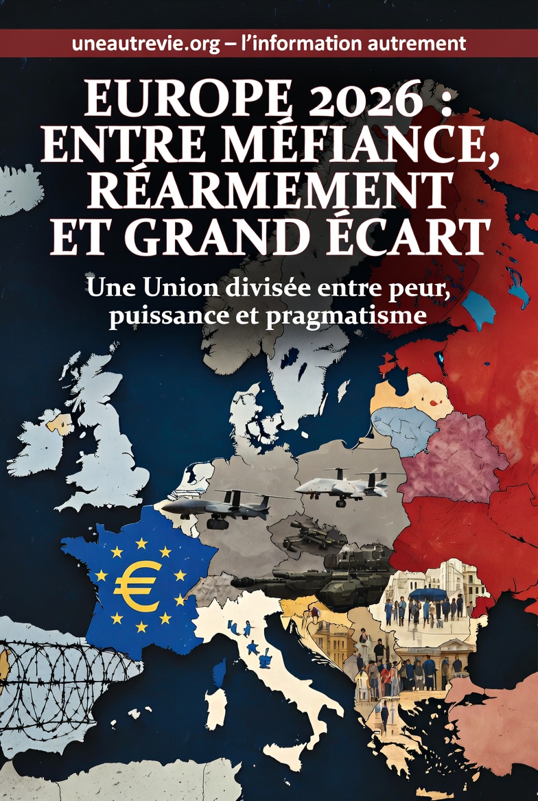 Carte de l’Europe fragmentée en trois zones : à l’est, la Hongrie symbolisée par des tensions financières avec l’Union européenne ; au centre, l’Allemagne représentée par des équipements militaires ; au sud, l’Espagne illustrée par une scène de vie avec des migrants. L’ensemble évoque une Europe divisée entre sécurité, politique et société.