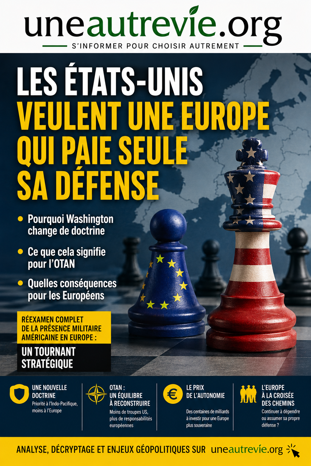 Un pion européen fait face à une pièce d'échecs aux couleurs américaines devant une carte de l'Europe. La couverture illustre le rééquilibrage stratégique voulu par Washington et la question de l'autonomie de défense européenne.