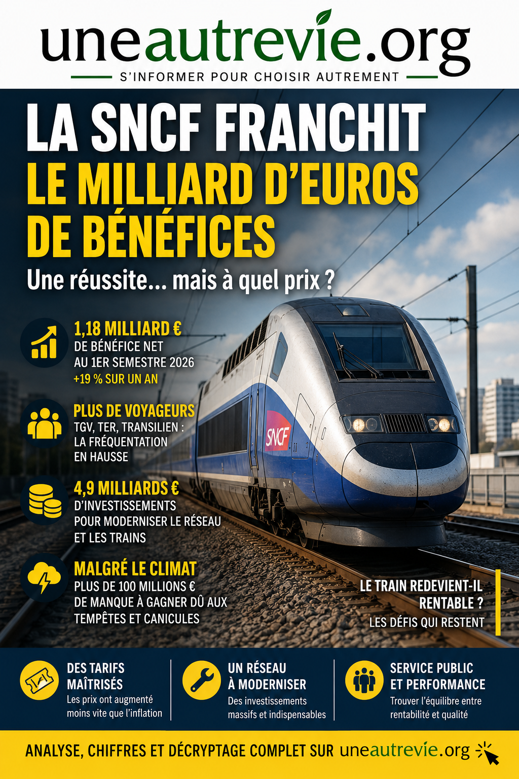 Un TGV lancé sur les rails illustre les résultats records de la SNCF, avec plus d’un milliard d’euros de bénéfices malgré les aléas climatiques. La couverture met en balance rentabilité, investissements, tarifs et mission de service public.
