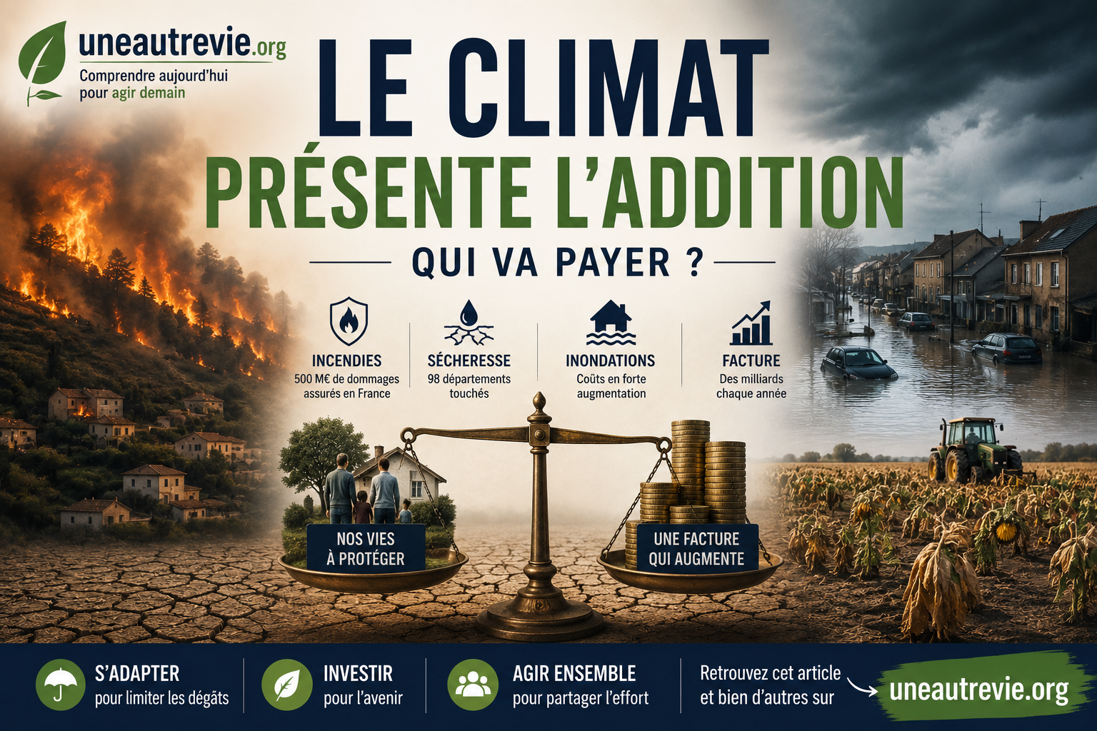 Illustration montrant les conséquences économiques du changement climatique : incendies, sécheresse et inondations encadrent une balance opposant les populations à protéger à une facture financière croissante.  