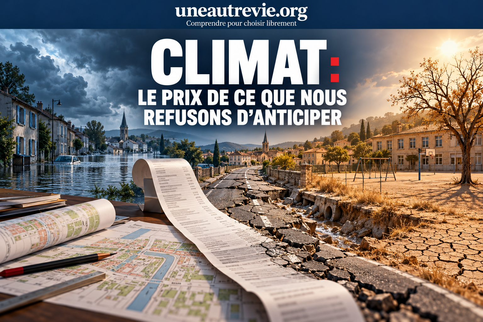 Une longue facture posée sur des plans d’urbanisme rejoint une route fissurée, entre des maisons inondées et une école sous un soleil brûlant. Le titre indique : « Climat : le prix de ce que nous refusons d’anticiper ». En haut figurent uneautrevie.org et « Comprendre pour choisir librement ».
