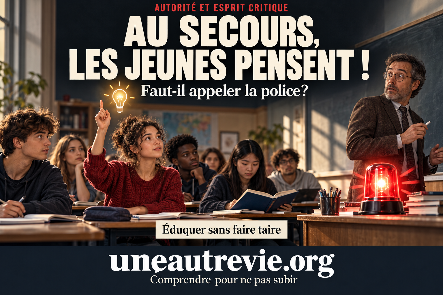 Illustration satirique : en classe, une lycéenne lève la main, une ampoule lumineuse près d’elle. Le professeur paraît surpris, un gyrophare rouge sur son bureau. Titre : « Au secours, les jeunes pensent ! » Signature : uneautrevie.org.