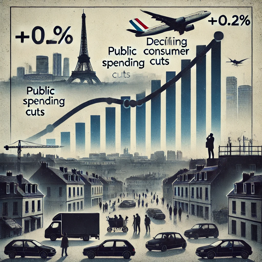 image représentant une économie française en stagnation, avec une croissance faible et des inquiétudes sur le pouvoir d'achat et l'emploi. L'atmosphère sobre et les éléments visuels reflètent bien la situation décrite.