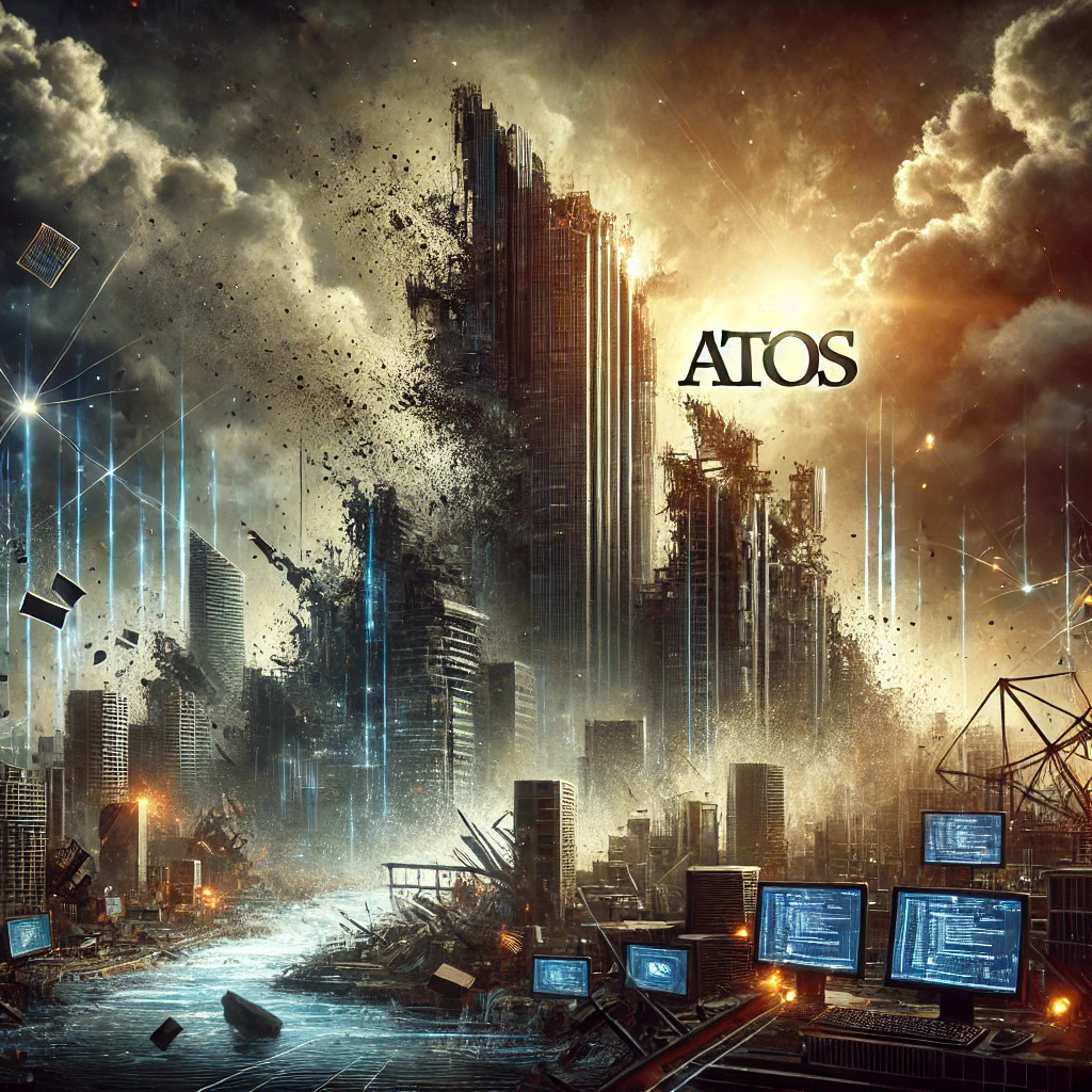 Voici l'image représentant la chute vertigineuse du géant technologique Atos. Elle illustre de manière dramatique la désintégration d'une entreprise autrefois puissante, avec un paysage numérique en ruine et un logo Atos s'effaçant progressivement.