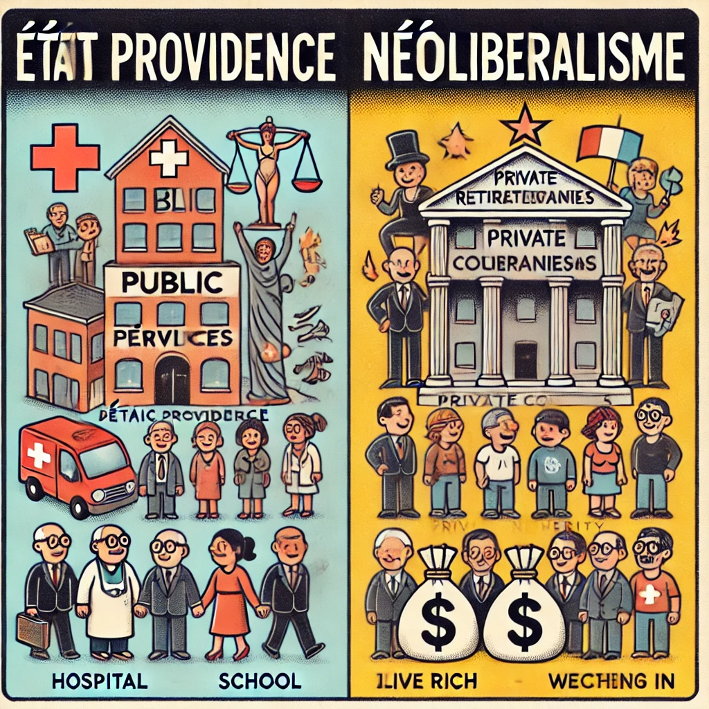 illustration avec des textes en français. Elle montre clairement le contraste entre l'« État providence » à gauche et le « Néolibéralisme » à droite, avec des éléments visuels et des étiquettes pour mieux comprendre la différence entre soutien social et inégalités croissantes.