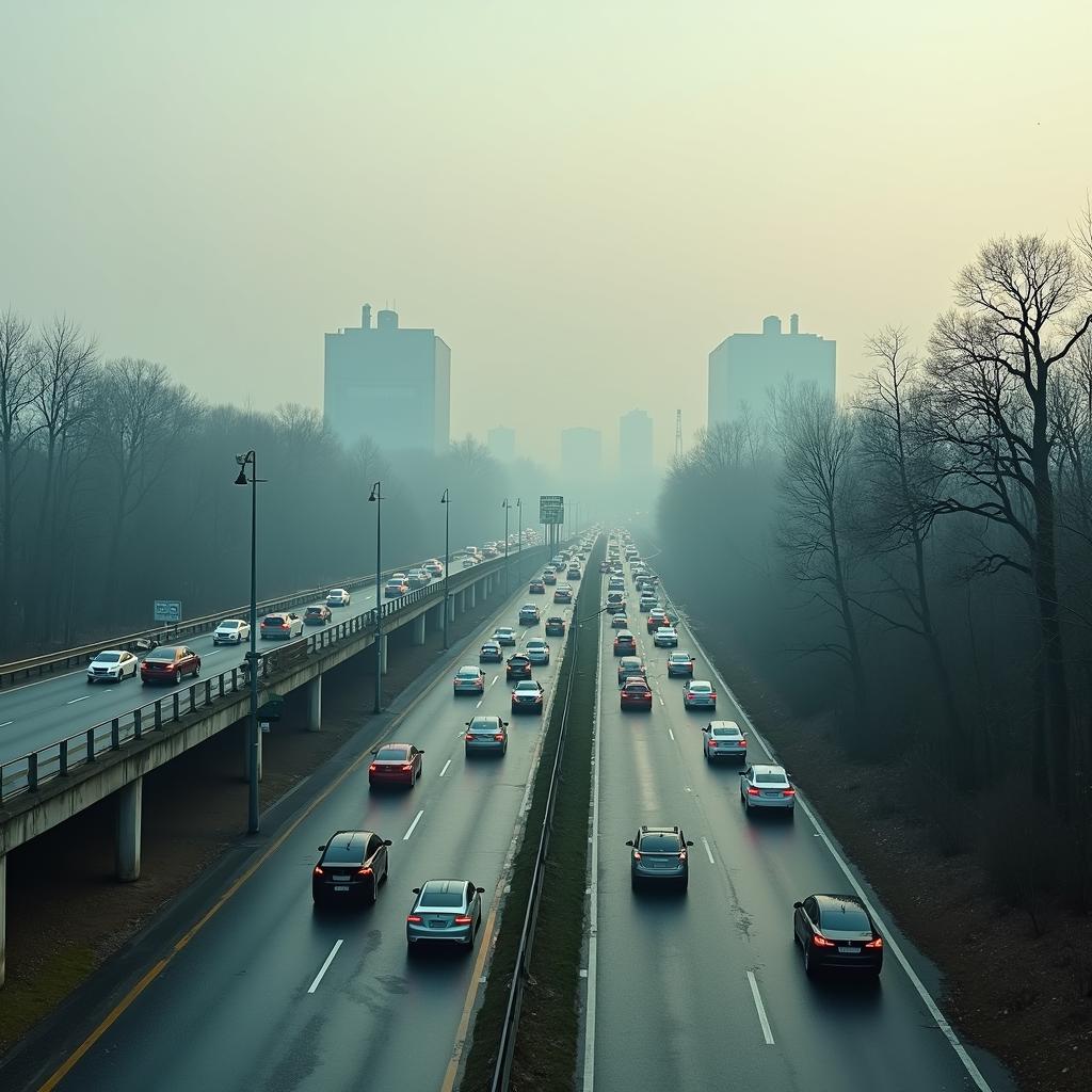 Un paysage urbain européen futuriste avec une autoroute embouteillée de voitures électriques et thermiques, des bornes de recharge vides et défectueuses, des usines de batteries à l’arrêt en arrière-plan. Le ciel est couvert de smog léger, symbolisant l’échec de la décarbonation. Au loin, une forêt en déclin avec des arbres secs et carbonisés, représentant l’effondrement des puits de carbone. L’ensemble donne une impression de stagnation technologique et de crise écologique imminente.