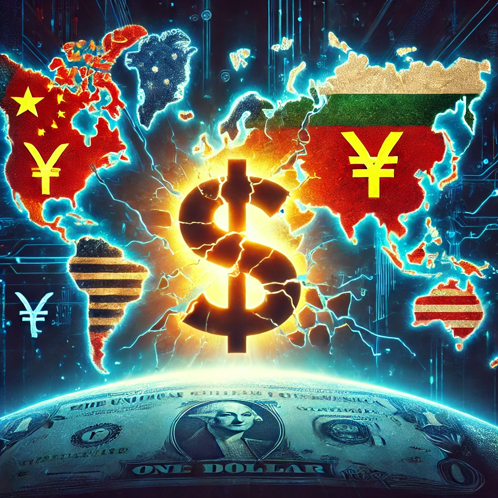 illustration qui souligne bien le thème de la montée en puissance des BRICS et le déclin du dollar, en mettant en avant les dynamiques de changement géopolitique et monétaire.