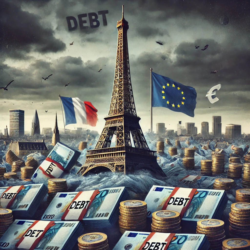 image illustrant la crise de la dette nationale en France, avec une scène sombre et symbolique montrant la Tour Eiffel submergée par des billets