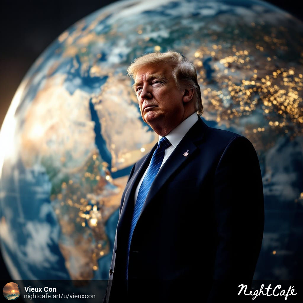 Trump debout devant un globe terrestre , avec des lumières éclairant les continents clés tels que l'Europe, l'Asie et le Moyen-Orient, pour représenter les changements géopolitiques mondiaux.