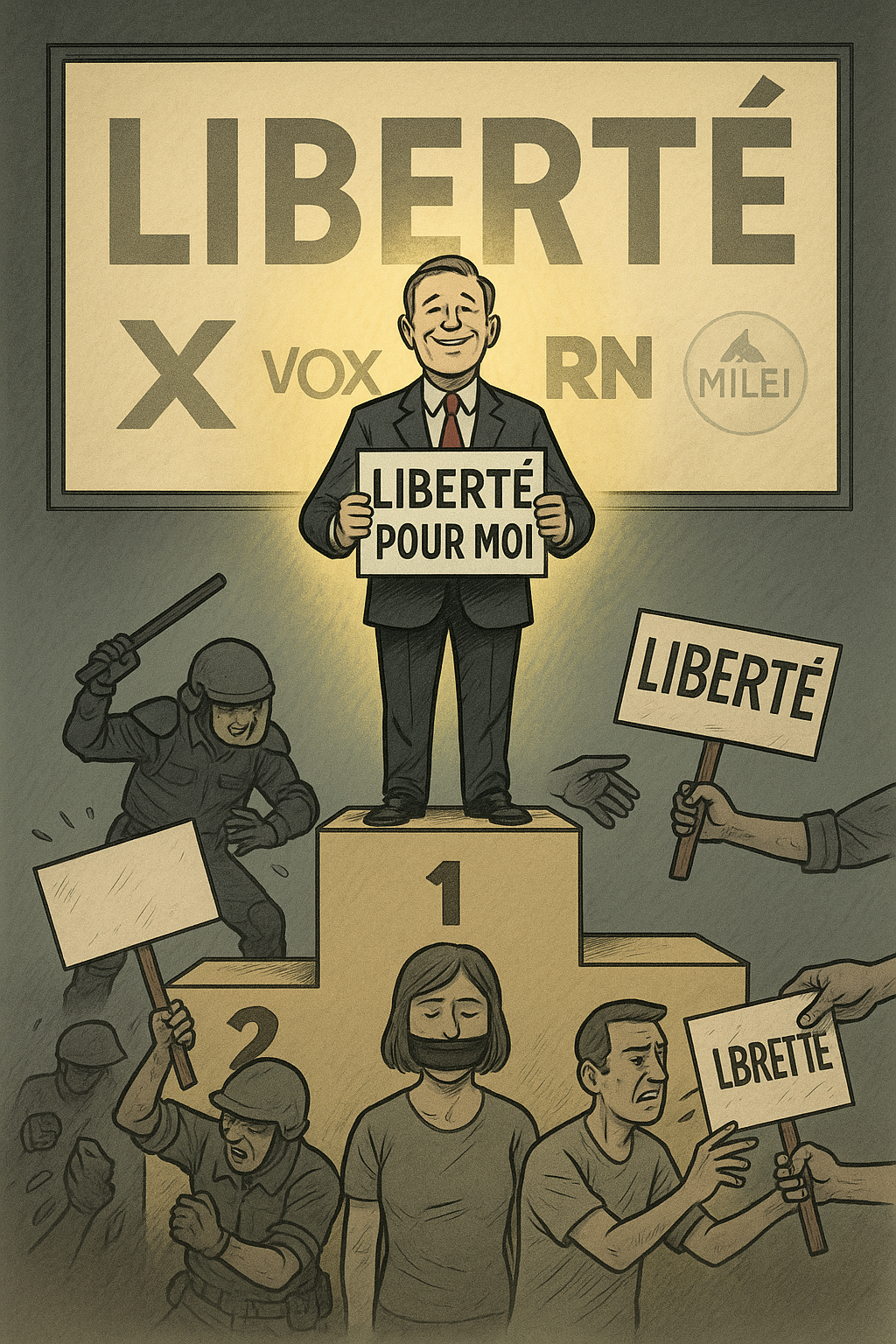 Un podium à trois marches. Sur la plus haute marche : un homme riche, costume-cravate, baignant dans la lumière avec une pancarte « LIBERTÉ POUR MOI ». En bas, à l’ombre : des citoyens muselés, manifestants matraqués, pancartes confisquées. En fond : un écran géant diffusant le mot « LIBERTÉ » en lettres géantes, avec en filigrane les logos de X (Twitter), Vox, RN, Milei, etc.