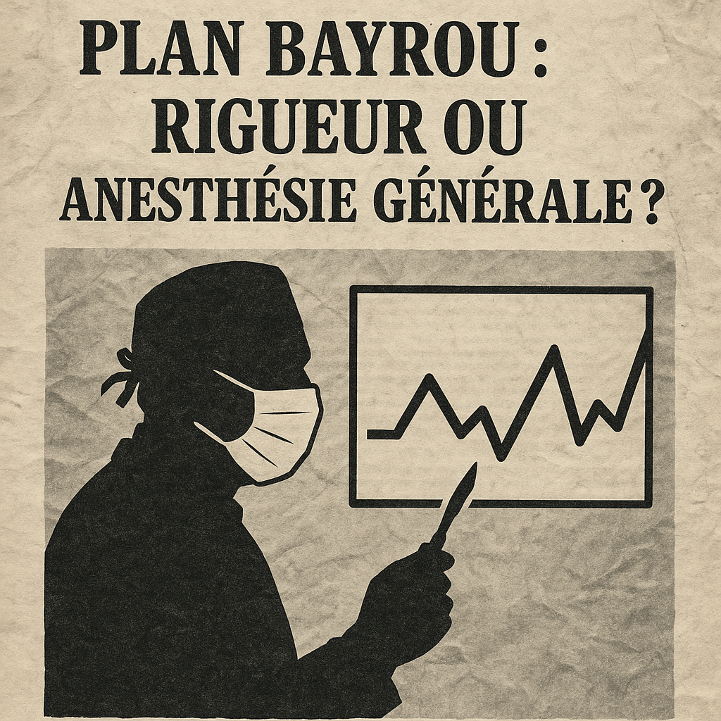 fond froissé, Bayrou en silhouette de chirurgien (ou équilibriste), un graphique budgétaire en zigzag, texte : « Plan Bayrou : rigueur ou anesthésie générale ? »
