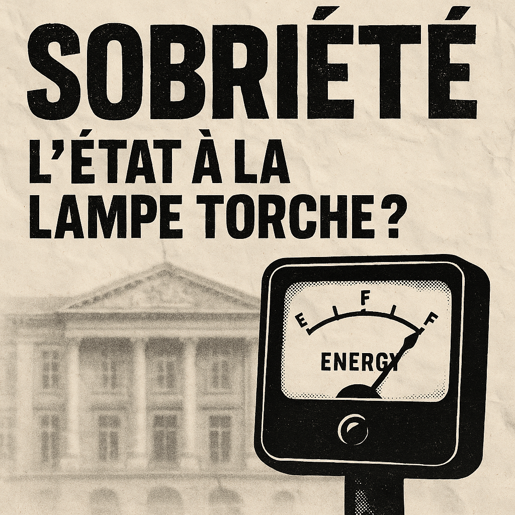 Fond froissé Bâtiment public flou (type ministère ou préfecture) Compteur énergétique vacillant Texte : « Sobriété : l’État à la lampe torche ? »