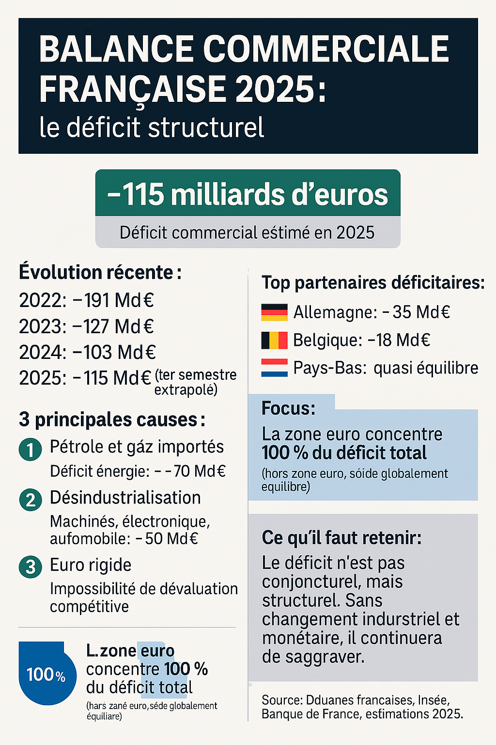 🎯 Titre : Balance commerciale française 2025 : le déficit structurel  🟢 Chiffre clé central : -115 milliards d’euros  Déficit commercial estimé en 2025  📊 Évolution récente :  2022 : -191 Md€  2023 : -127 Md€  2024 : -103 Md€  2025 : -115 Md€ (1er semestre extrapolé)  ⚠️ 3 principales causes : 1️⃣ Pétrole et gaz importés  Déficit énergie : ~ -70 Md€ 2️⃣ Désindustrialisation Machines, électronique, automobile : -50 Md€ 3️⃣ Euro rigide Impossibilité de dévaluation compétitive  🌍 Top partenaires déficitair