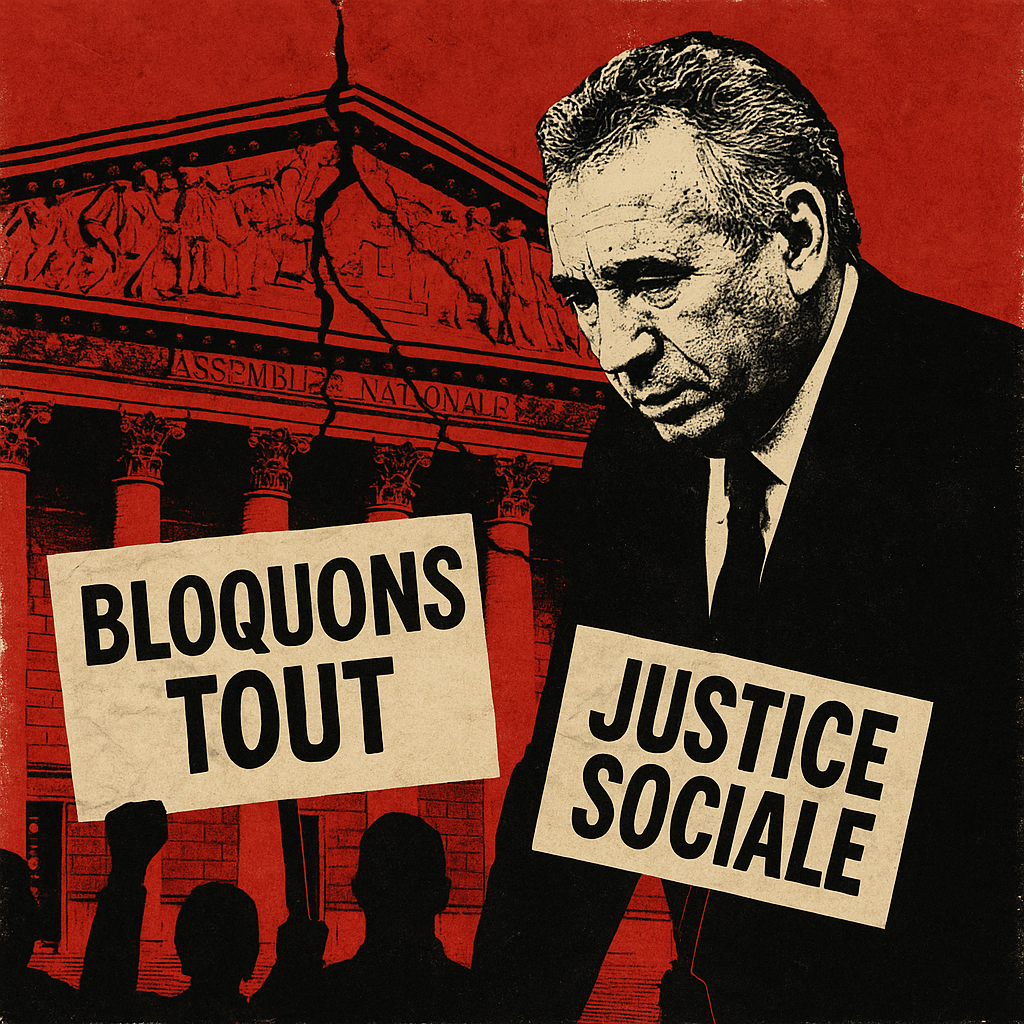 Illustration style presse engagée, collage graphique : François Bayrou en arrière-plan, silhouette penchée, visage fermé, avec en toile de fond l’Assemblée nationale fissurée. Des pancartes de manifestants « Bloquons tout » et « Justice sociale » en avant-plan. Couleurs dominantes : rouge profond, noir et blanc contrastés, effet papier journal froissé. Ambiance dramatique mais percutante