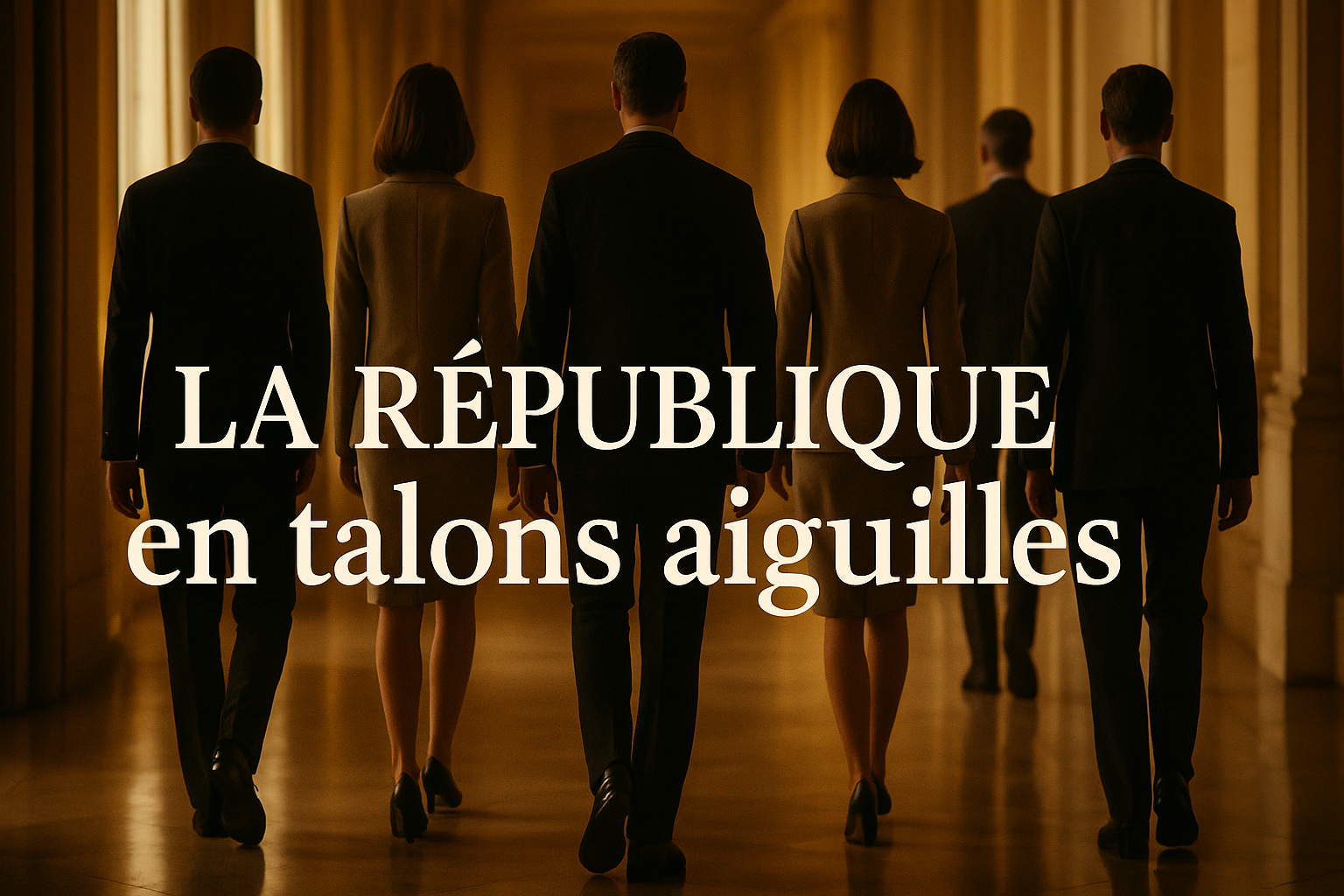 Cinq silhouettes élégantes — trois hommes et deux femmes — avancent dans un long couloir ministériel baigné d’une lumière dorée. Leurs tailleurs et costumes gris symbolisent le pouvoir feutré de la haute administration française.