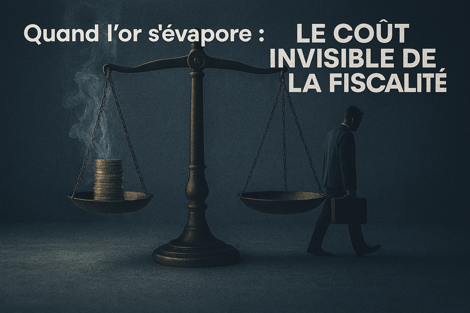 Photo réaliste en format horizontal 16:9. Une balance fiscale déséquilibrée : d’un côté, une pile de pièces d’or s’évapore en fumée ; de l’autre, un citoyen qui s’éloigne, valise à la main. Ambiance symbolique, éclairage dramatique, couleurs froides (bleu acier et gris). Style magazine économique contemporain, texture papier, typographie sobre.