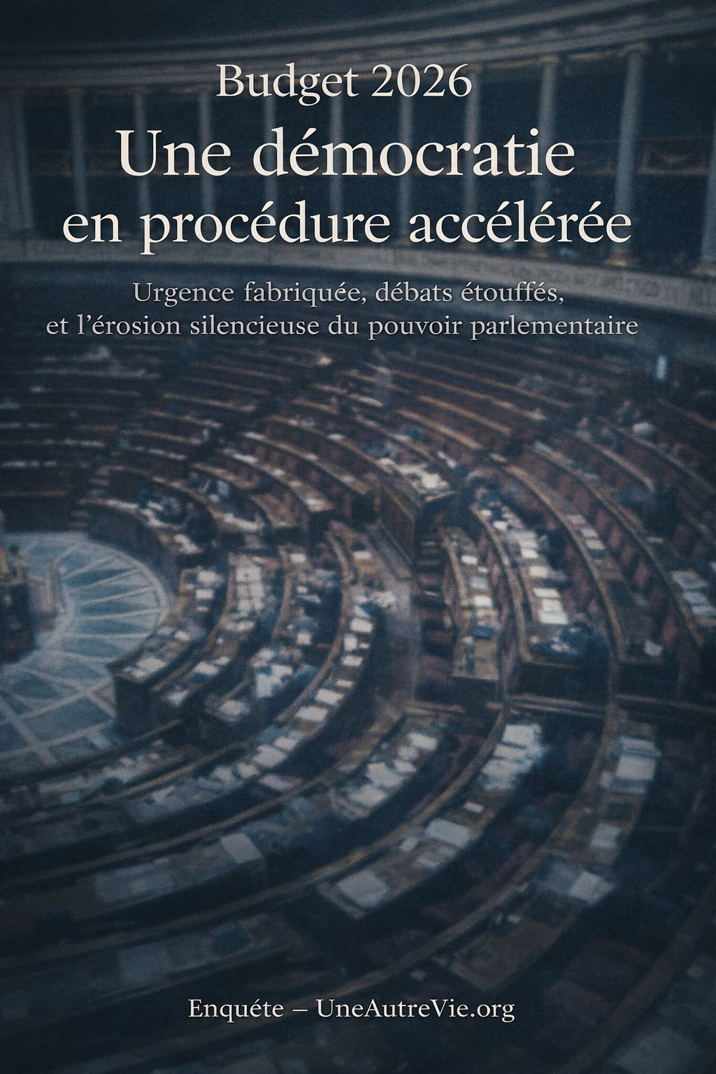 *Couverture de magazine montrant l’hémicycle de l’Assemblée nationale française vu de haut, presque vide et volontairement flou. Les rangées de sièges forment des cercles concentriques dans une ambiance sombre et froide, dominée par des tons bleus et gris. L’image suggère la précipitation et l’affaiblissement du débat démocratique. En surimpression, le titre indique : « Budget 2026 – Une démocratie en procédure accélérée », suivi du sous-titre : « Urgence fabriquée, débats étouffés, et l’érosion silencieuse