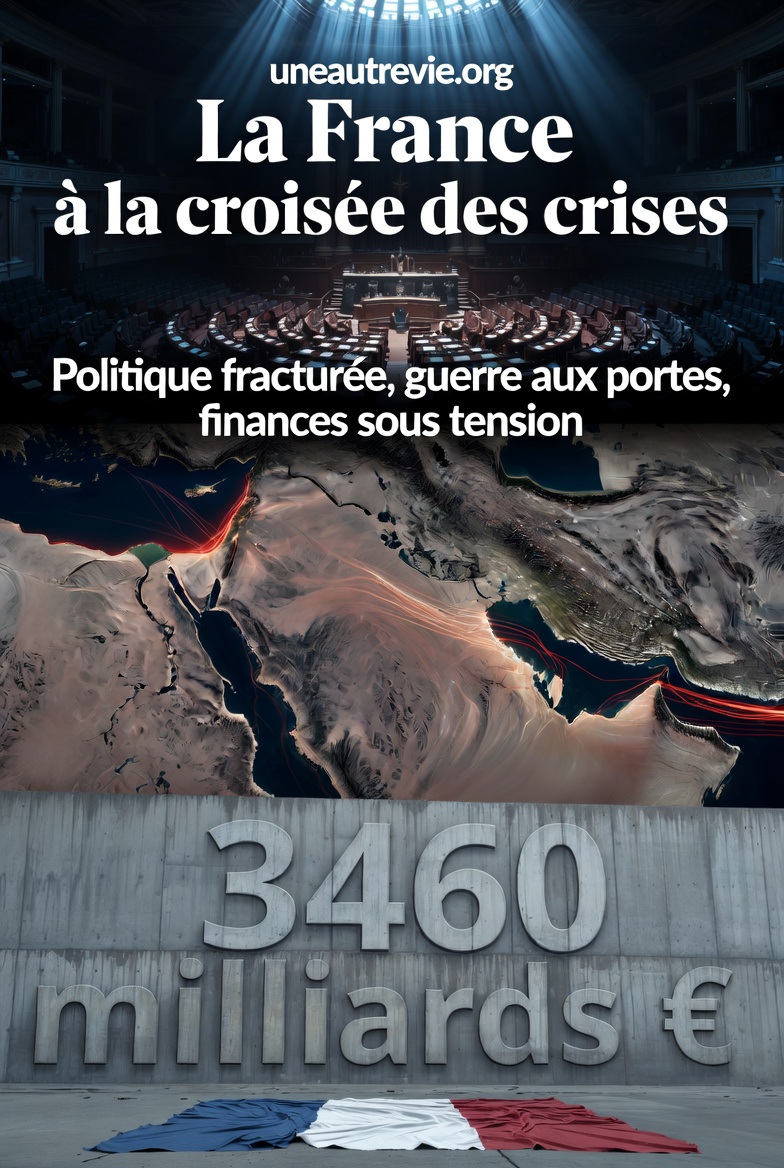 Couverture de magazine illustrant une France en crise. En haut, l’Assemblée nationale apparaît sombre et presque vide, symbolisant une vie politique fragilisée. Au centre, une carte du Moyen-Orient met en évidence des routes pétrolières sous tension. En bas, un mur de béton fissuré affiche une dette publique massive en milliards d’euros. Un drapeau français légèrement déchiré traverse l’image. Titre : « La France à la croisée des crises ». Sous-titre : « Politique fracturée, guerre aux portes, finances sous