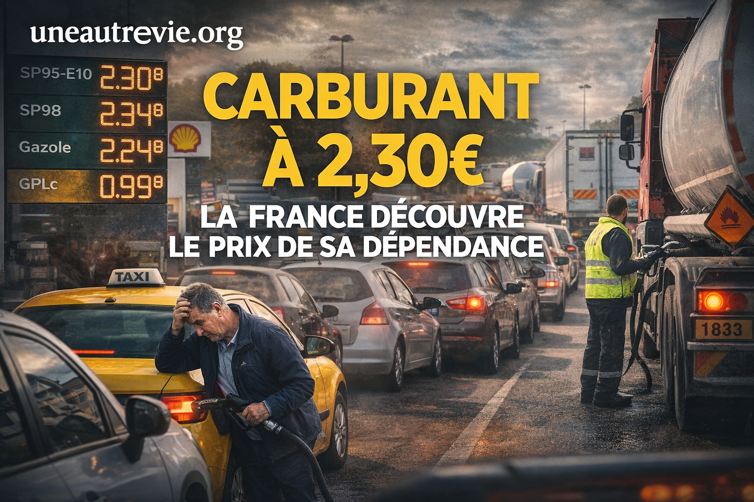 Image montrant une station-service avec des prix du carburant très élevés, des conducteurs préoccupés et des véhicules en attente, illustrant une crise énergétique et économique affectant les usagers au quotidien.