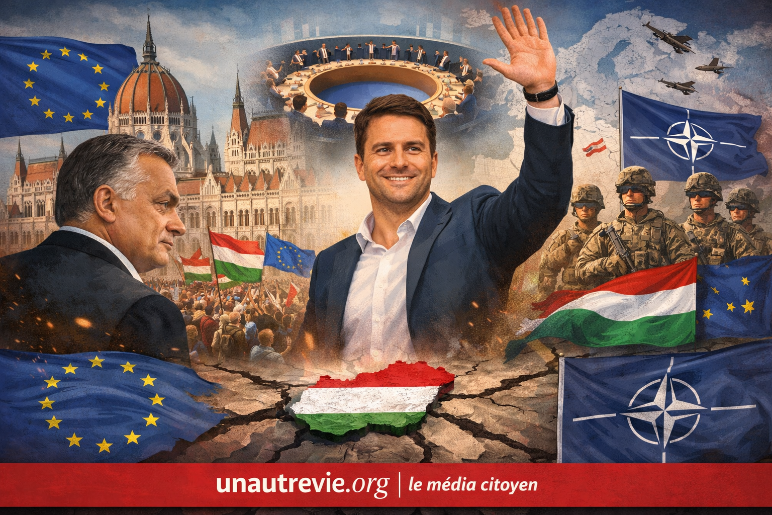 Une foule célèbre à Budapest devant le Parlement hongrois, tandis que Péter Magyar salue au premier plan. À gauche, Viktor Orbán apparaît en retrait, visage fermé. En arrière-plan, drapeaux de l’Union européenne et de l’OTAN, soldats et avions militaires évoquent les enjeux européens et stratégiques. En bas, un bandeau rouge affiche : « uneautrevie.org | le média citoyen ».
