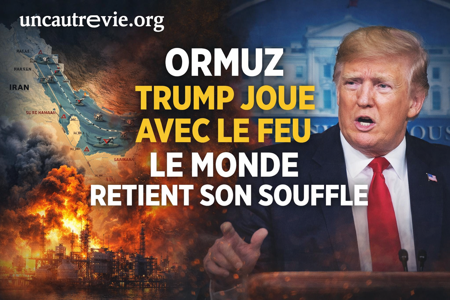 Couverture de magazine au ton dramatique. À droite, un homme politique en costume sombre parle avec une expression ferme, devant un bâtiment évoquant la Maison-Blanche. À gauche, une carte du détroit d’Ormuz montre des routes maritimes et des symboles militaires. En bas, une raffinerie en feu dégage d’importantes flammes et fumées noires. Le fond mélange des couleurs sombres et orangées évoquant la guerre et le chaos. Au centre, en grandes lettres : « Ormuz – Trump joue avec le feu – Le monde retient son so