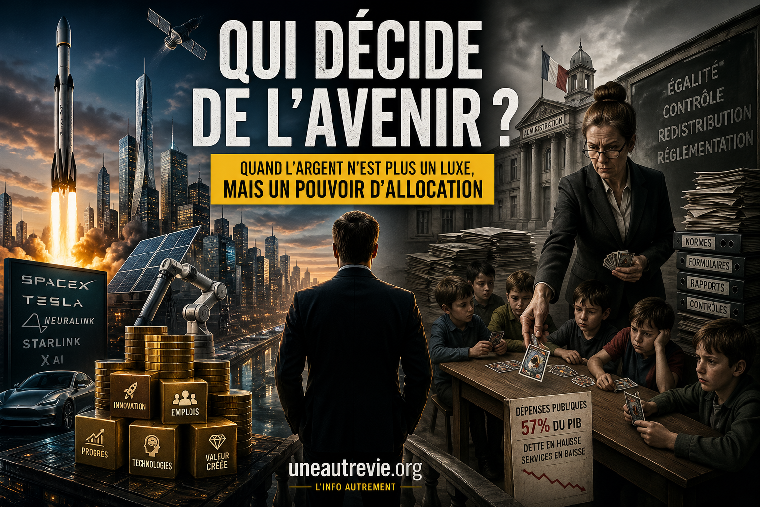 Un visuel sombre et contrasté montrant, d’un côté, une silhouette de milliardaire dominant une ville futuriste avec des fusées et satellites, symbolisant l’allocation du capital. De l’autre, une scène évoquant une autorité redistribuant des ressources dans un cadre scolaire. L’image illustre l’opposition entre initiative privée et intervention publique.