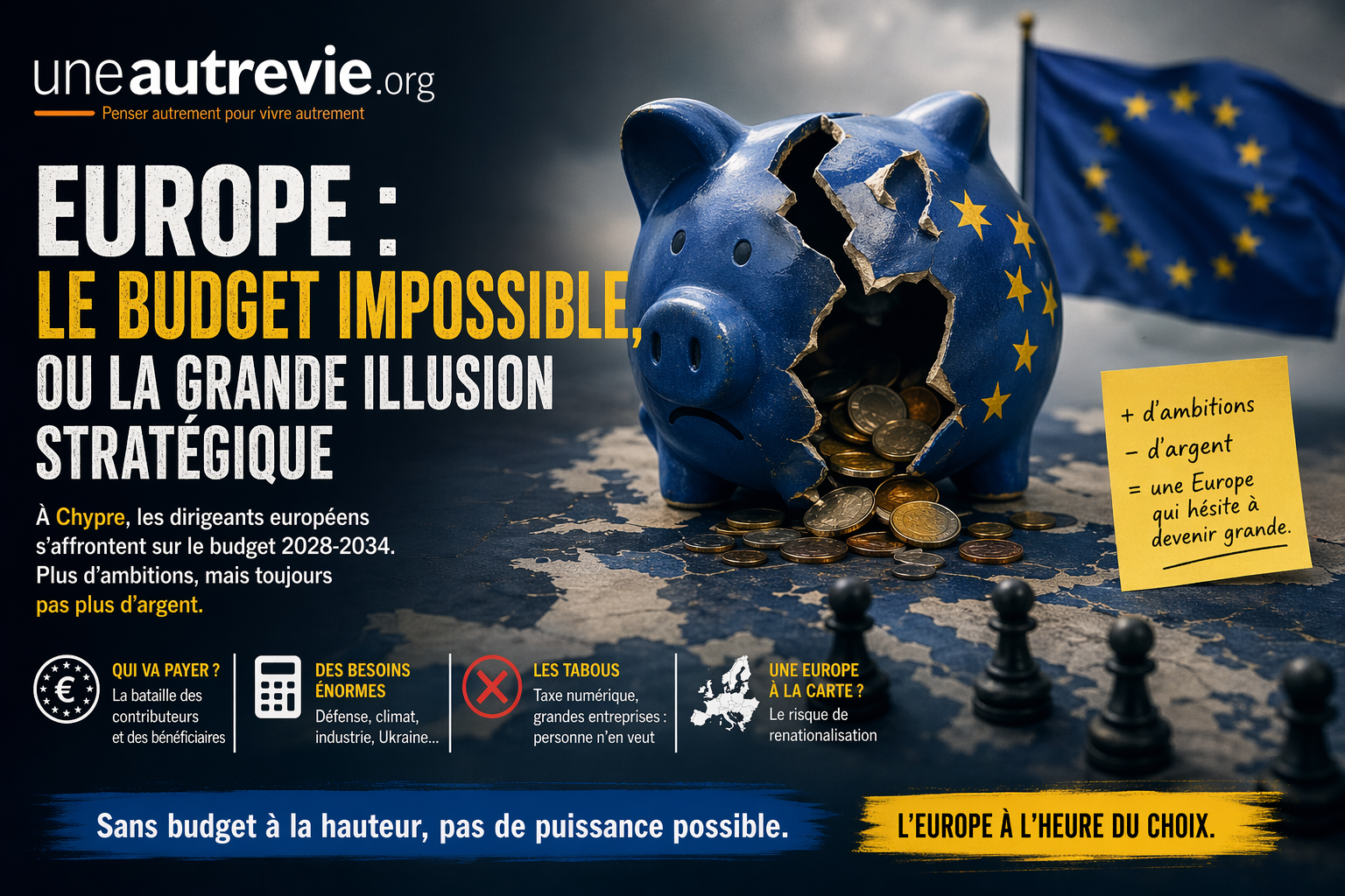 Couverture de style magazine pour uneautrevie.org. Un cochon-tirelire bleu, fissuré, aux couleurs de l’Union européenne, laisse tomber des pièces sur une carte de l’Europe. En arrière-plan, un drapeau européen sous un ciel sombre.  Le titre indique : « Europe : le budget impossible »  L’image illustre les tensions autour du budget européen 2028-2034 : beaucoup d’ambitions politiques, mais un manque de moyens financiers.  Conclusion visuelle : sans budget suffisant, l’Europe peine à devenir une puissance.