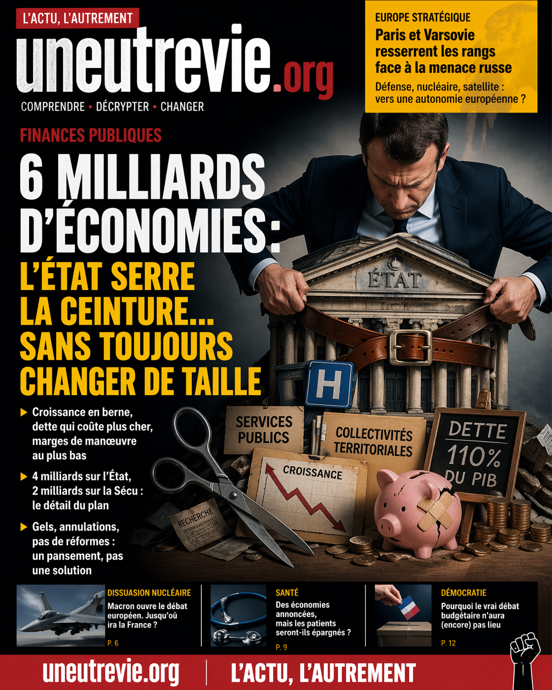 Couverture de magazine engagée montrant un homme en costume serrant une ceinture autour d’un bâtiment marqué « ÉTAT », symbole des finances publiques sous pression. Titre principal : « 6 milliards d’économies : l’État serre la ceinture ». Autour, des éléments évoquent les coupes budgétaires, la dette et la baisse de croissance.