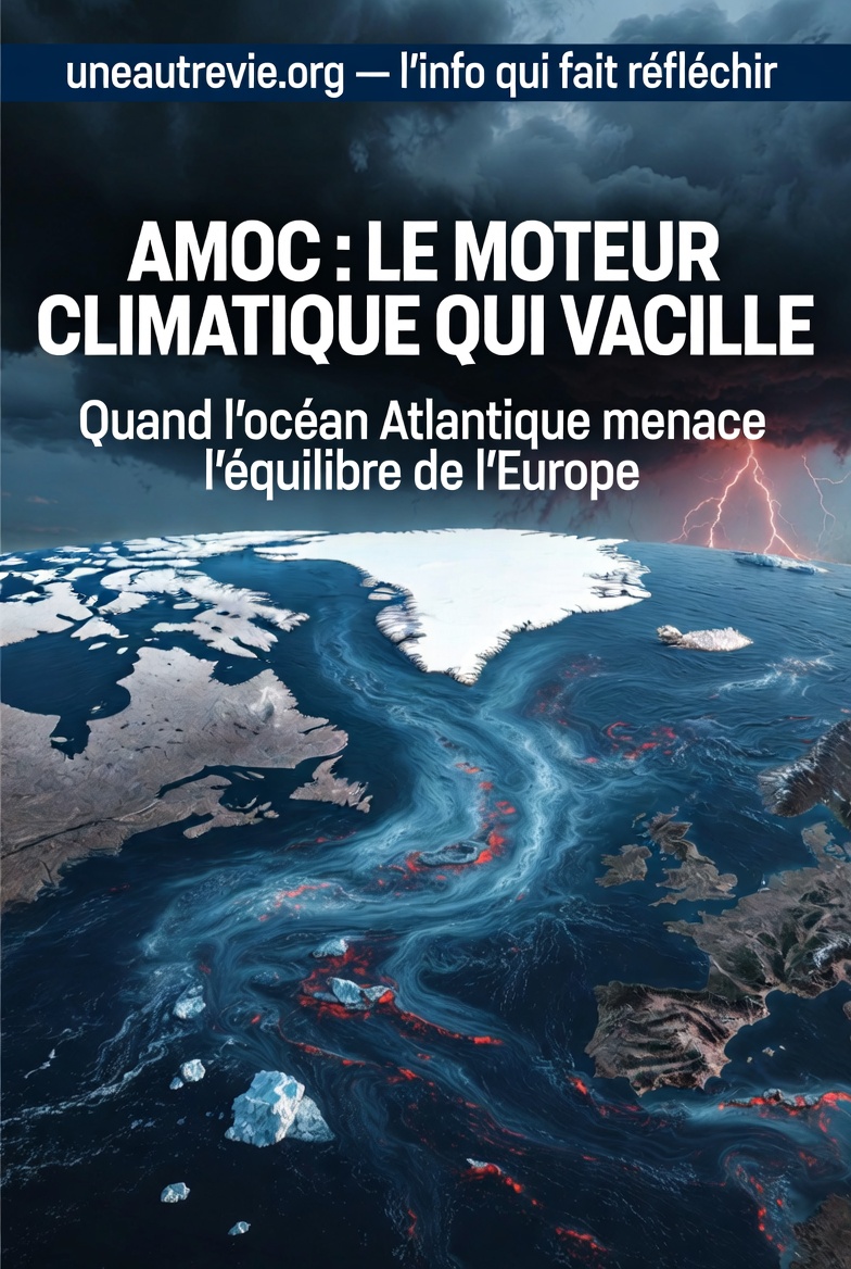 Océan Atlantique en pleine tempête avec des courants marins visibles en rouge et bleu semblant se désorganiser. Au fond, le Groenland en train de fondre. L’image illustre le dérèglement du courant AMOC et ses conséquences climatiques.